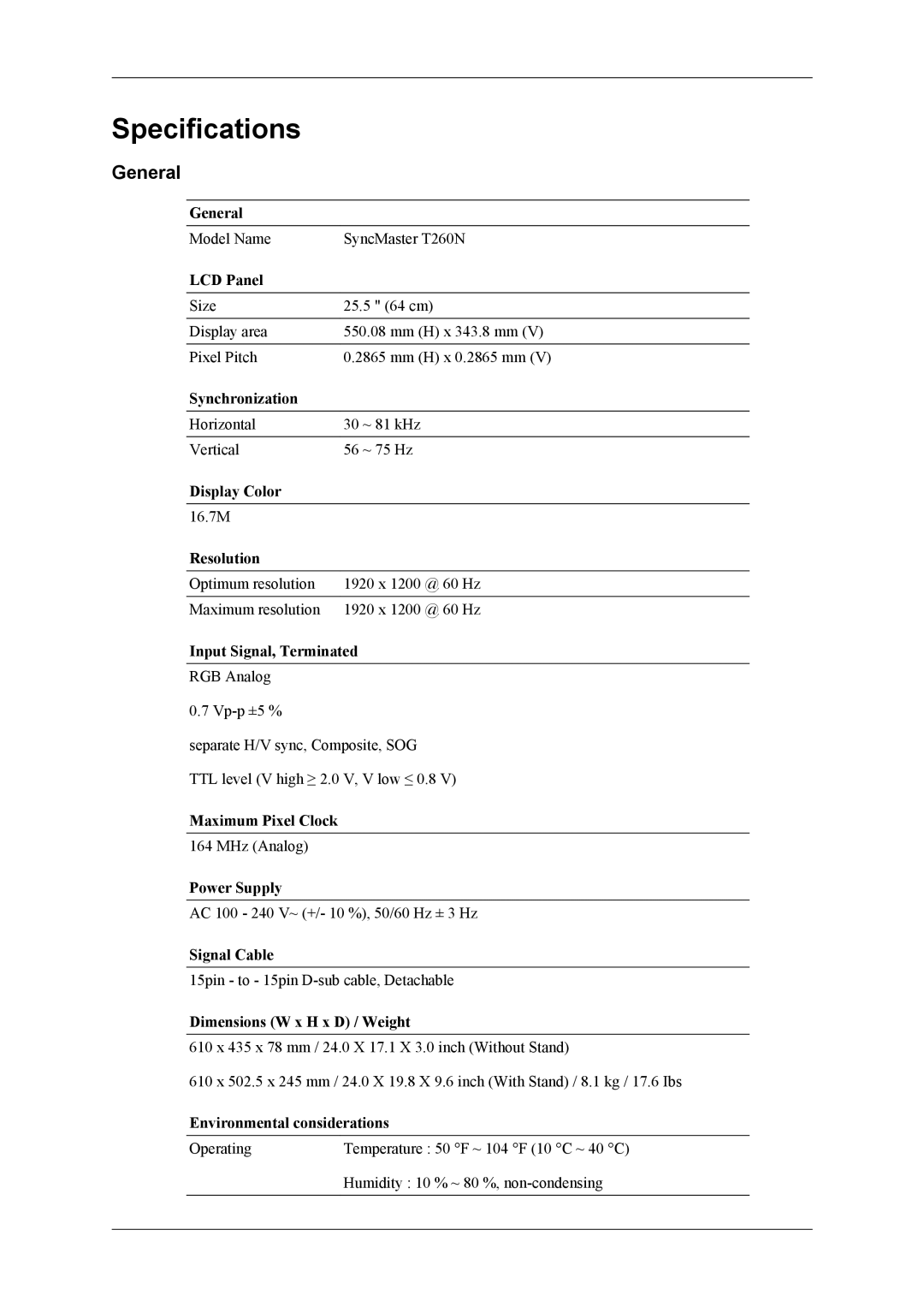 Samsung LS24TWHSU2/CI, LS24TWQSUV/EN, LS24TWHSUV/EN, LS26TWESU/CI, LS24TWESU/CI, LS24TWASU/CI manual Specifications, General 