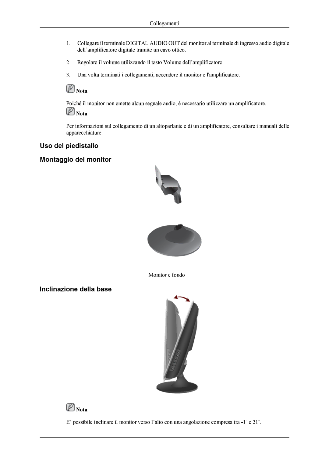 Samsung LS24TWHSUV/EN, LS24TWQSUV/EN, LS26TWQSUV/EN manual Uso del piedistallo Montaggio del monitor, Inclinazione della base 