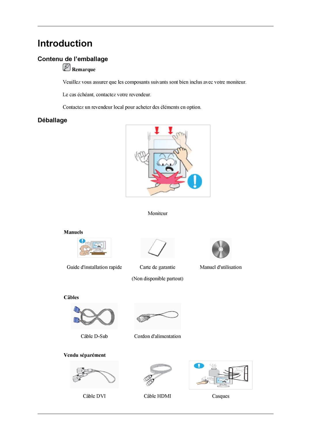 Samsung LS26TWQSUV/EN, LS24TWQSUV/EN, LS24TWHSUV/EN, LS26TWHSUV/EN manual Introduction, Contenu de l’emballage, Déballage 