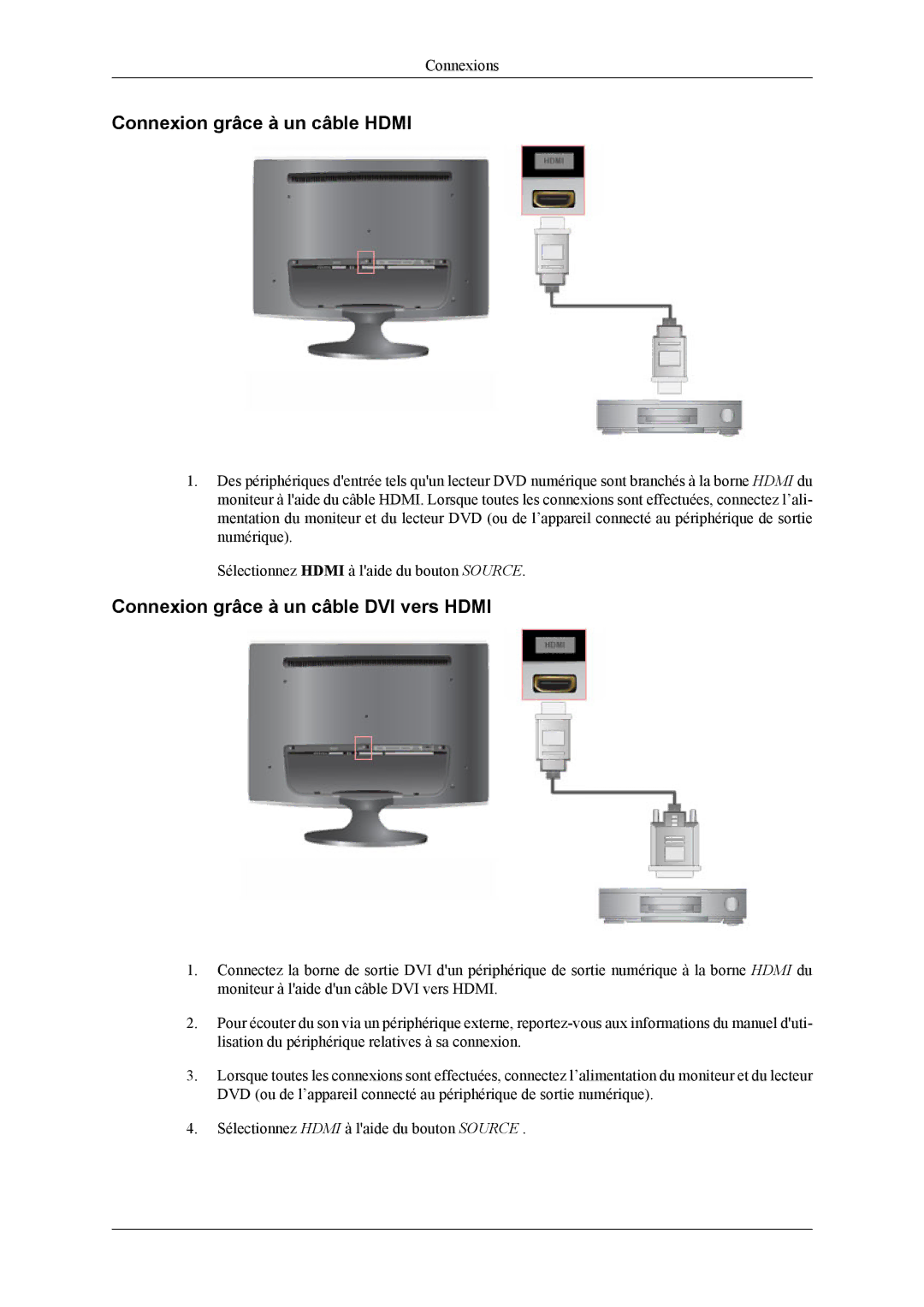 Samsung LS26TWQSUV/EN, LS24TWQSUV/EN manual Connexion grâce à un câble Hdmi, Connexion grâce à un câble DVI vers Hdmi 