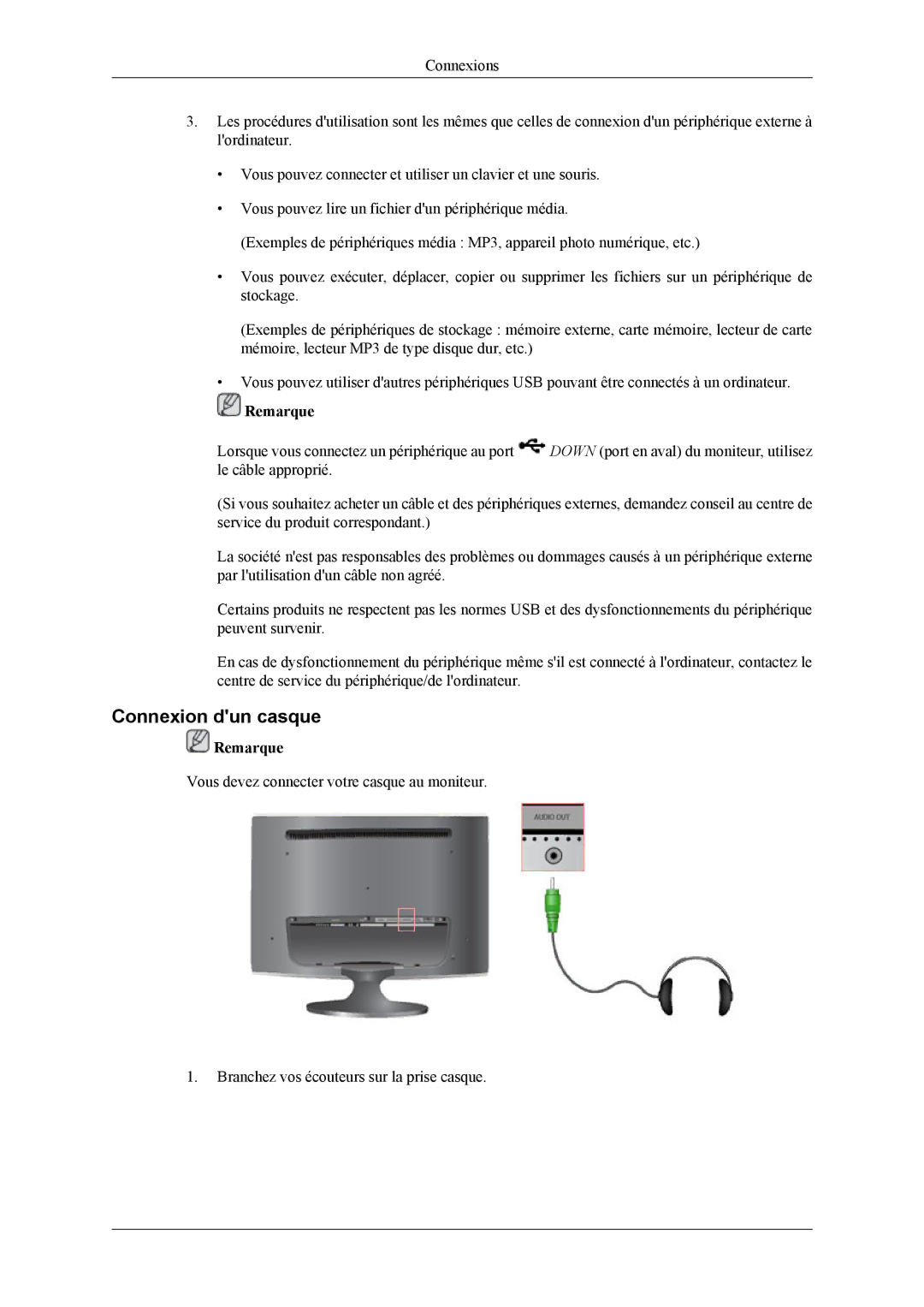 Samsung LS24TWQSUV/EN, LS24TWHSUV/EN, LS26TWQSUV/EN, LS26TWHSUV/EN manual Connexion dun casque 