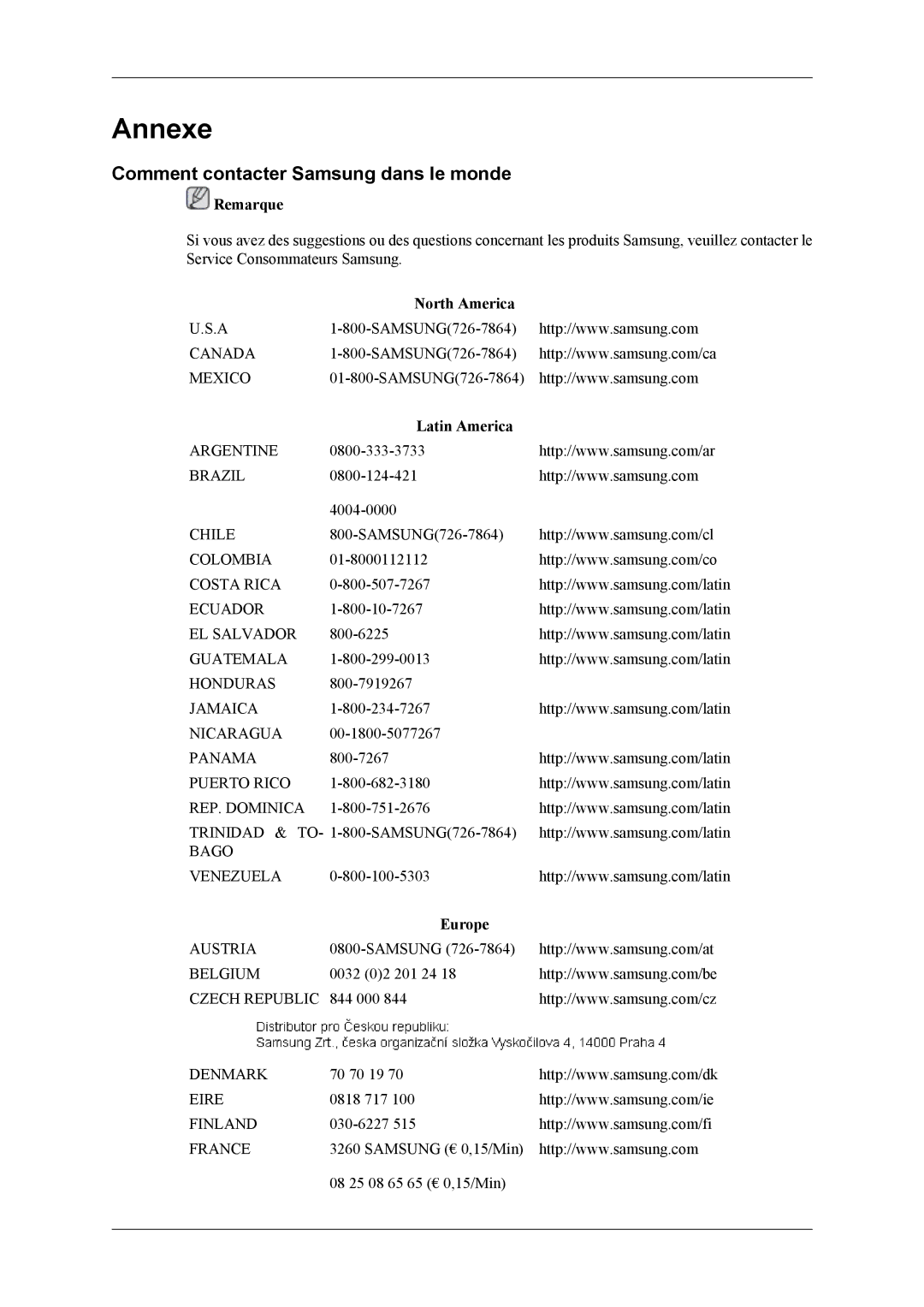 Samsung LS24TWQSUV/EN, LS24TWHSUV/EN, LS26TWQSUV/EN, LS26TWHSUV/EN manual Annexe, Comment contacter Samsung dans le monde 