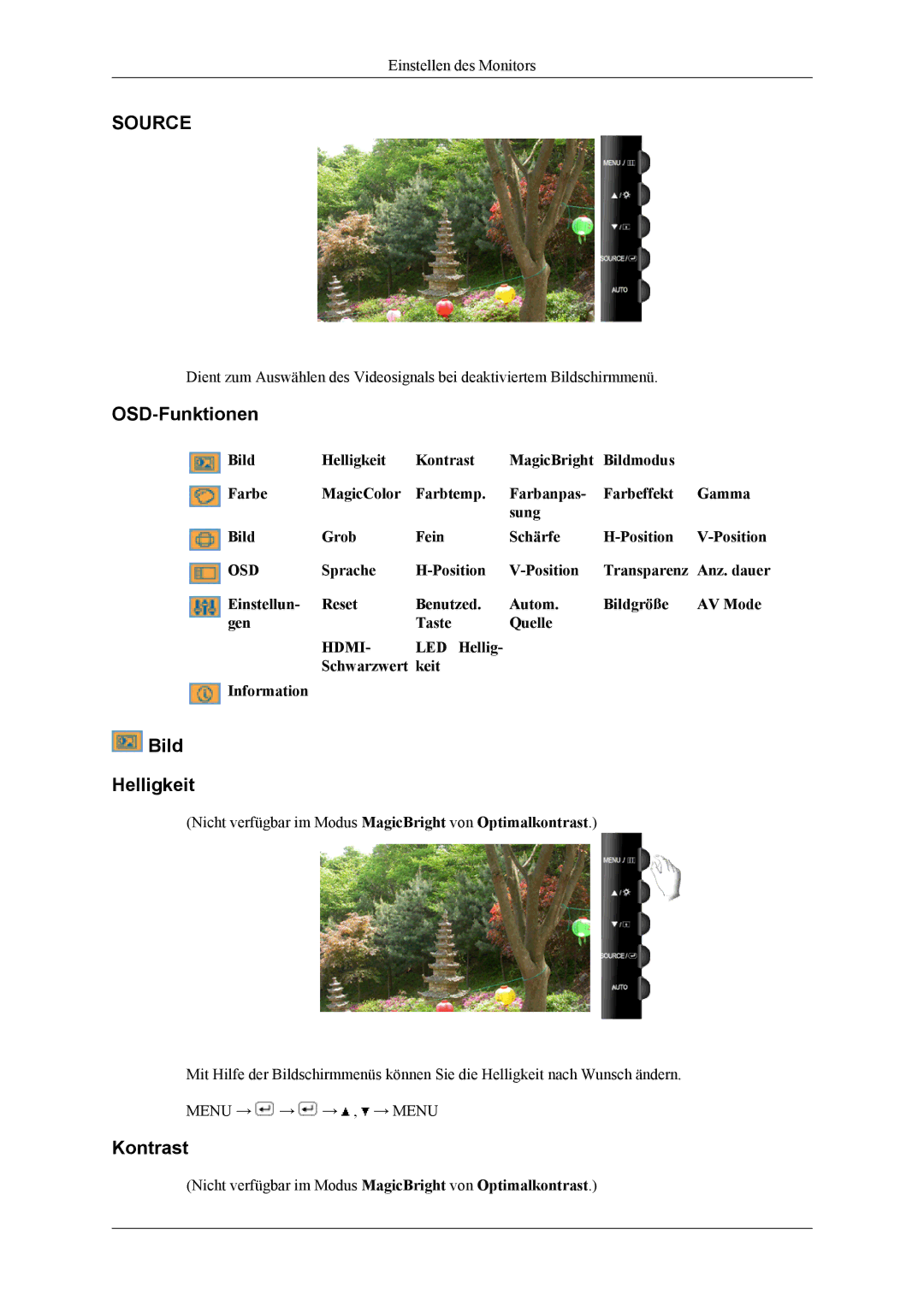 Samsung LS24TWHSUV/EN, LS24TWQSUV/EN OSD-Funktionen, Bild Helligkeit, Kontrast, LED Hellig Schwarzwert keit Information 