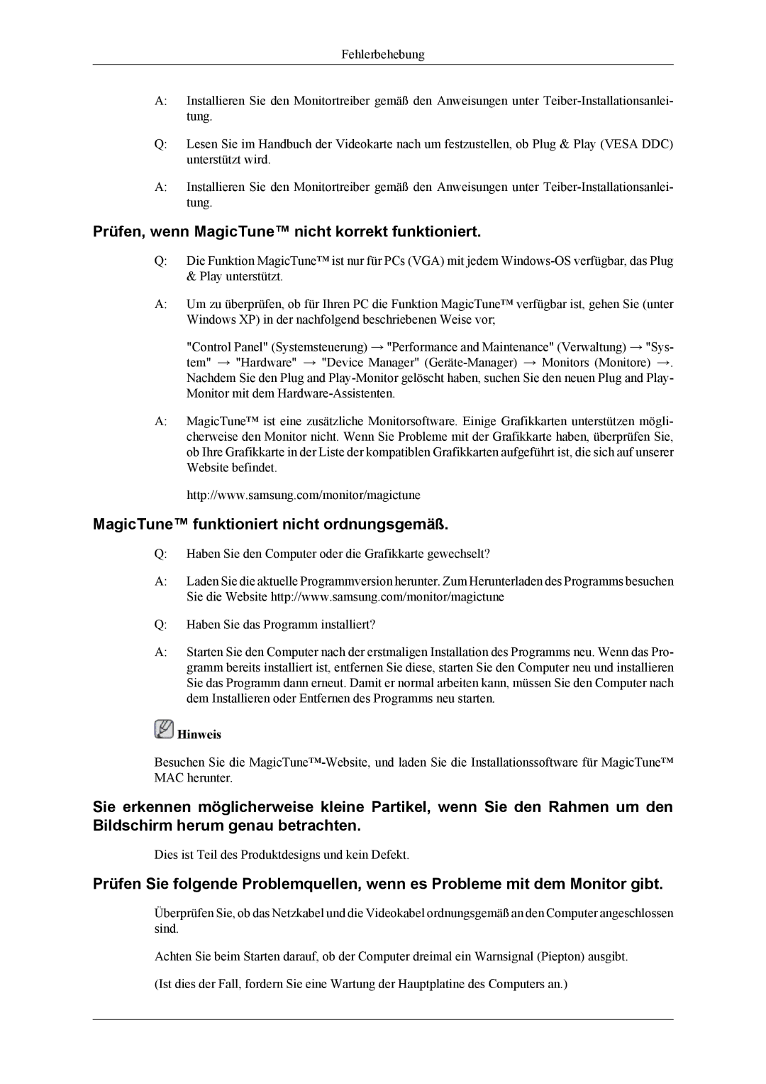 Samsung LS26TWHSUV/EN manual Prüfen, wenn MagicTune nicht korrekt funktioniert, MagicTune funktioniert nicht ordnungsgemäß 