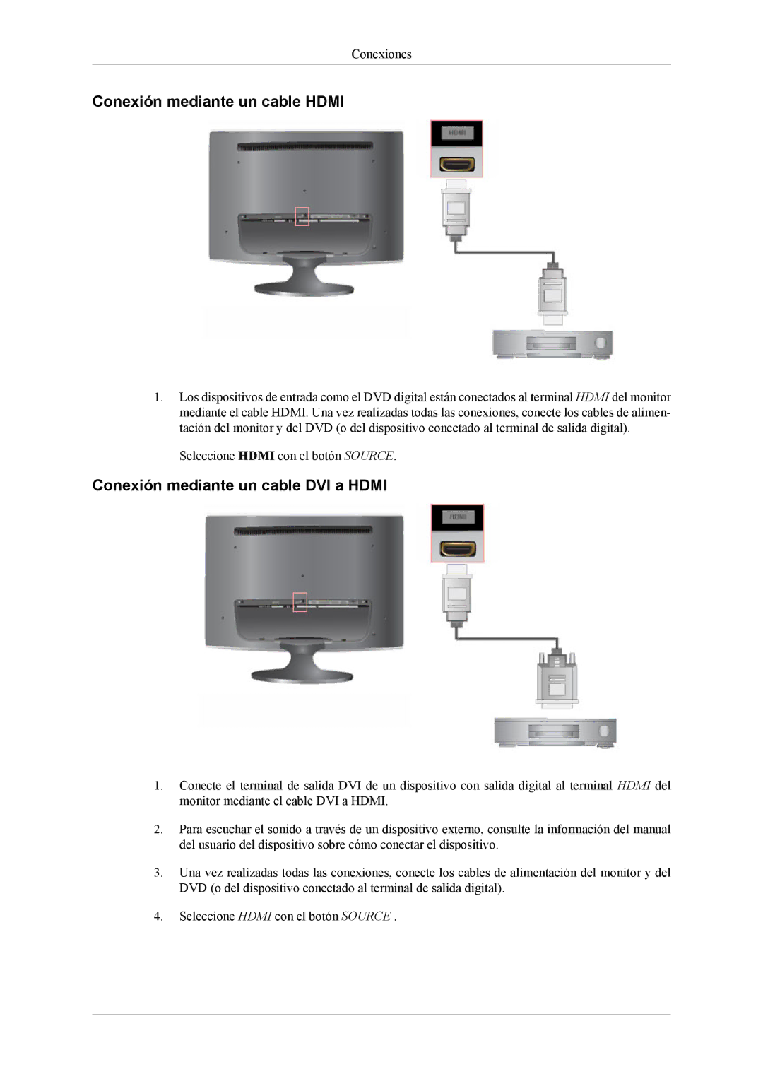 Samsung LS26TWQSUV/EN, LS24TWQSUV/EN, LS24TWHSUV/EN Conexión mediante un cable Hdmi, Conexión mediante un cable DVI a Hdmi 