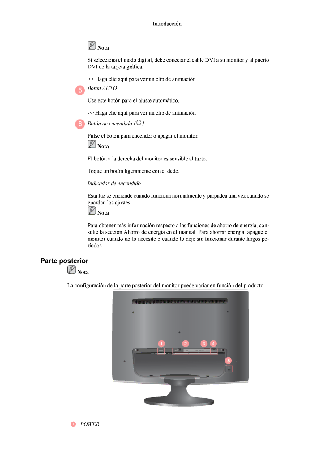 Samsung LS24TWHSUV/EN, LS24TWQSUV/EN, LS26TWQSUV/EN manual Parte posterior, Botón de encendido, Indicador de encendido 