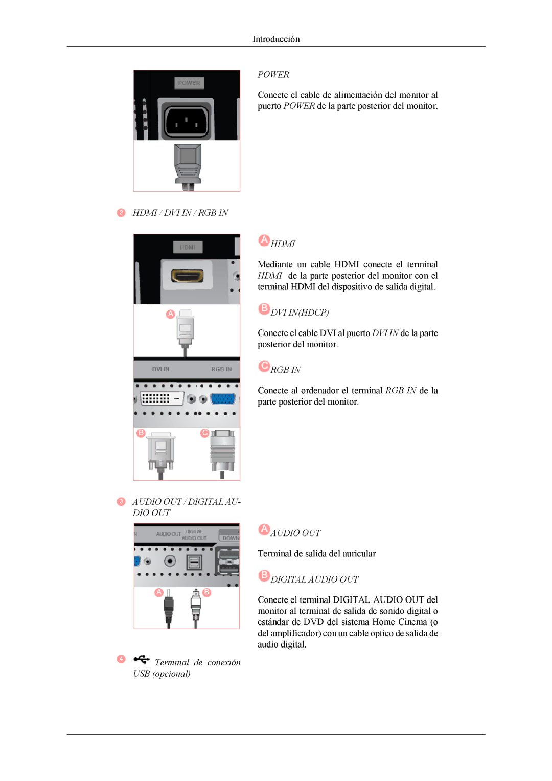 Samsung LS26TWQSUV/EN, LS24TWQSUV/EN, LS24TWHSUV/EN, LS26TWHSUV/EN Hdmi / DVI in / RGB, Terminal de conexión USB opcional 