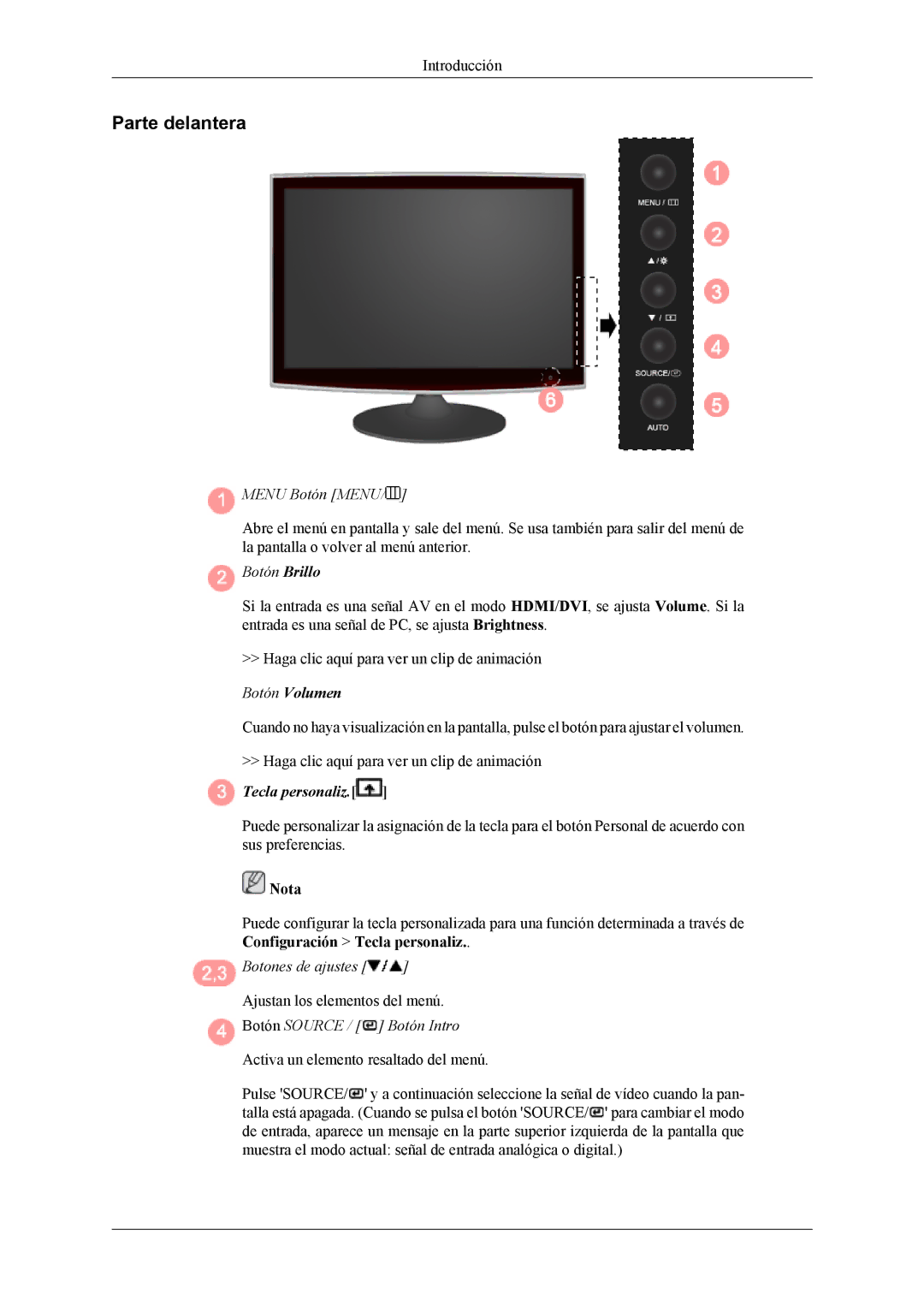 Samsung LS24TWQSUV/EN, LS24TWHSUV/EN, LS26TWQSUV/EN, LS26TWHSUV/EN manual Parte delantera, Menu Botón Menu 