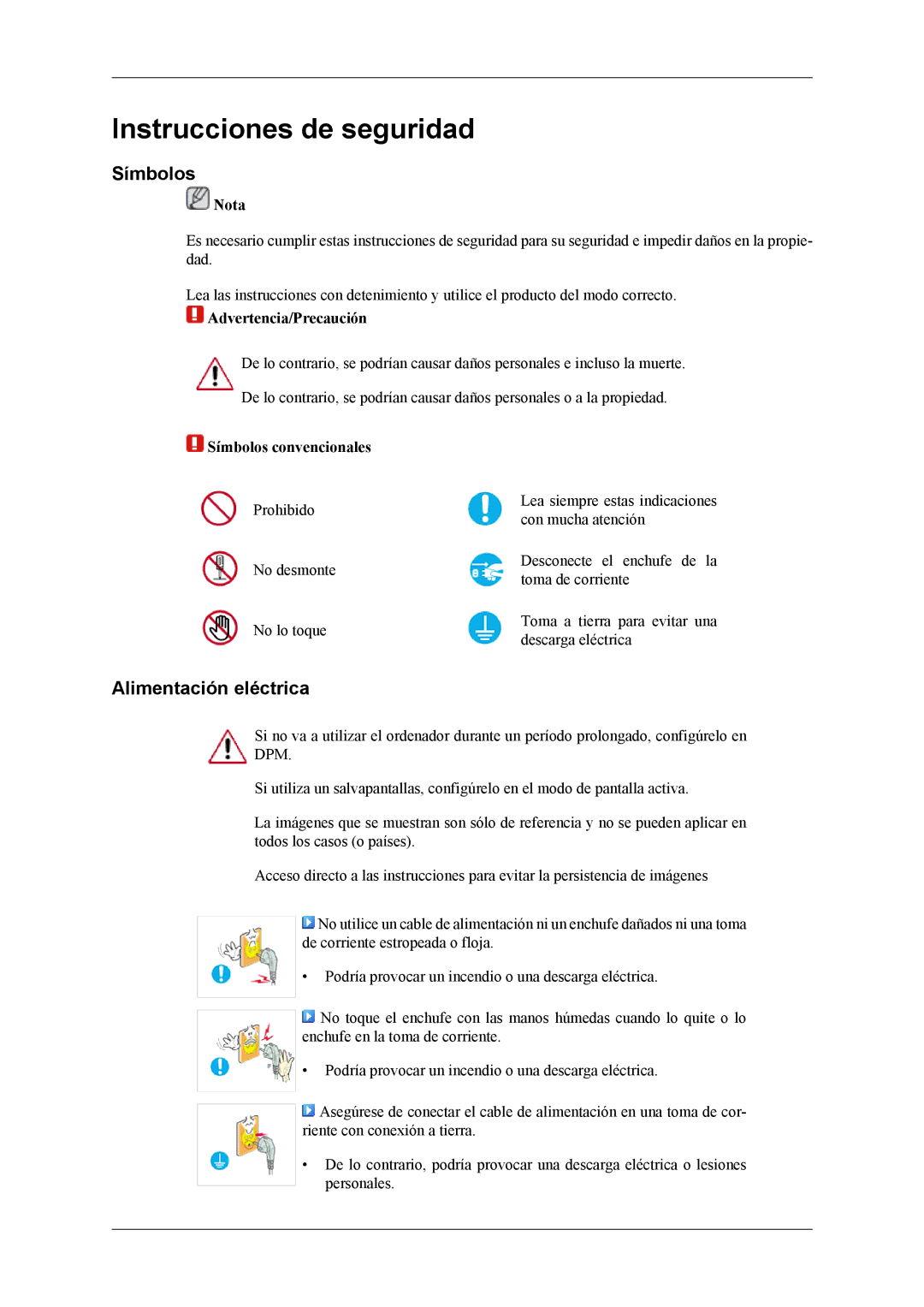 Samsung LS26TWQSUV/EN, LS24TWQSUV/EN, LS24TWHSUV/EN manual Instrucciones de seguridad, Símbolos, Alimentación eléctrica 