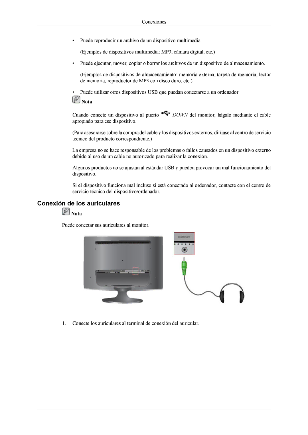 Samsung LS24TWQSUV/EN, LS24TWHSUV/EN, LS26TWQSUV/EN, LS26TWHSUV/EN manual Conexión de los auriculares 