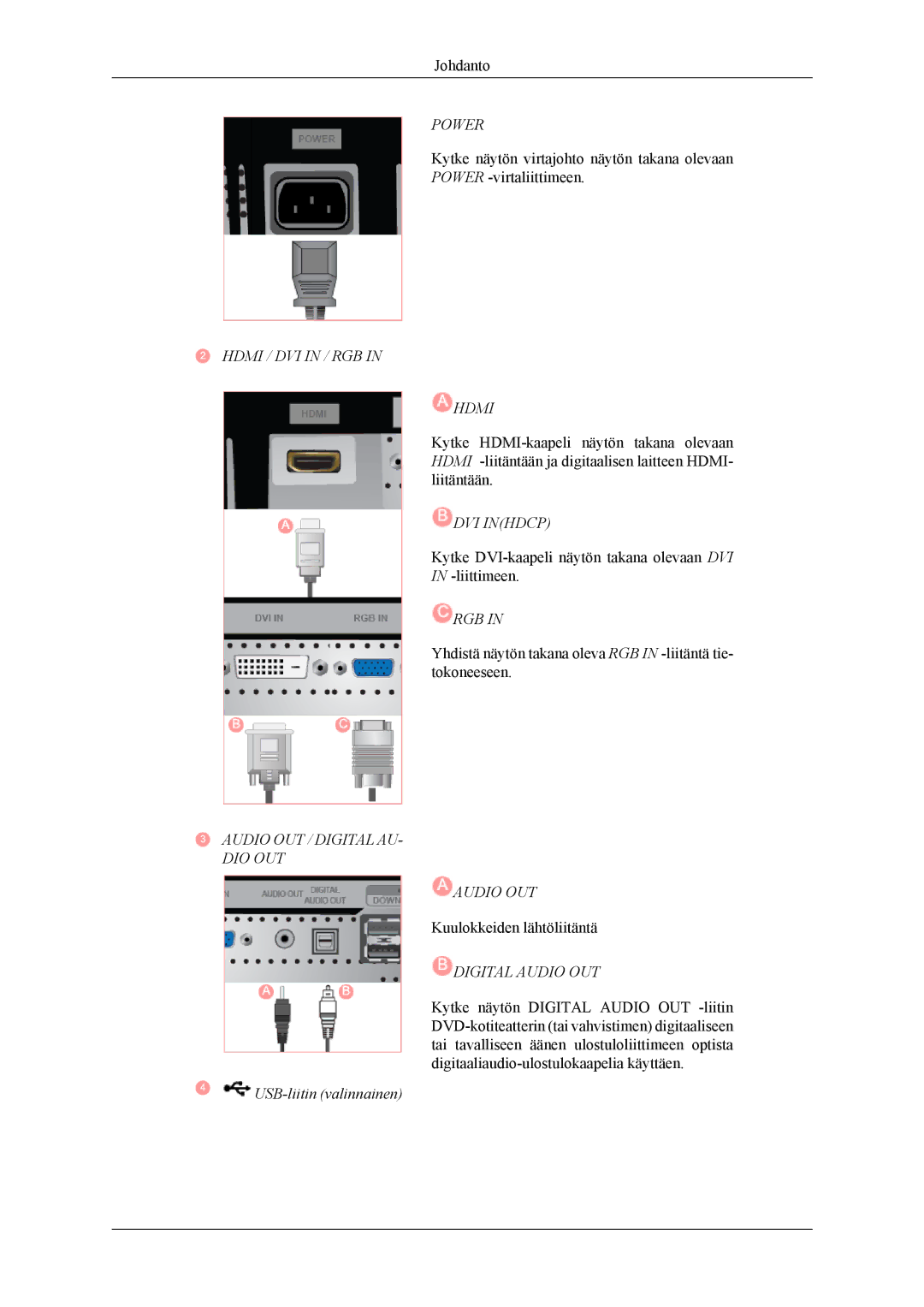 Samsung LS26TWQSUV/EN, LS24TWQSUV/EN, LS24TWHSUV/EN, LS26TWHSUV/EN Hdmi / DVI in / RGB Audio OUT / Digital AU- DIO OUT Power 