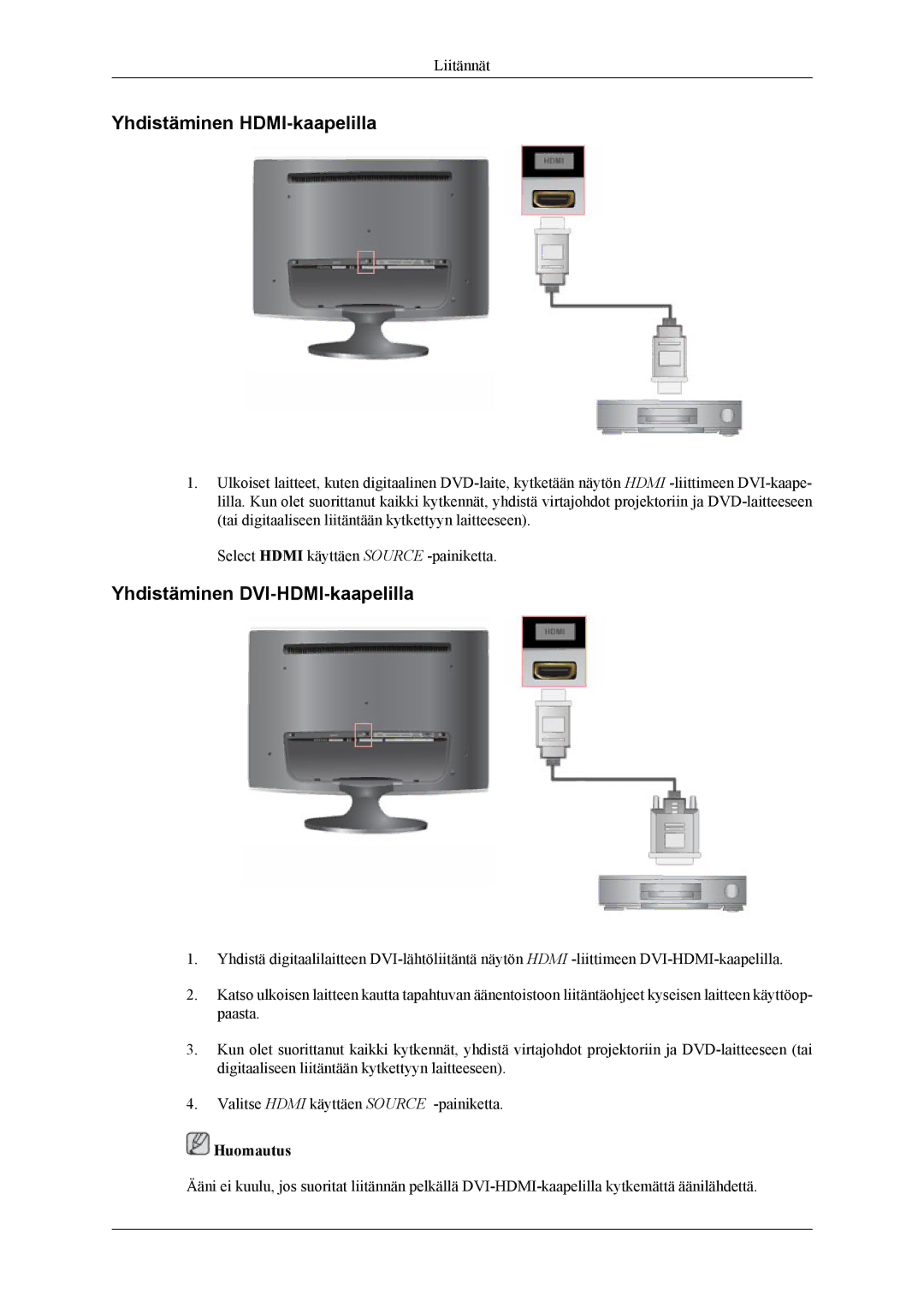 Samsung LS24TWHSUV/EN, LS24TWQSUV/EN, LS26TWQSUV/EN manual Yhdistäminen HDMI-kaapelilla, Yhdistäminen DVI-HDMI-kaapelilla 