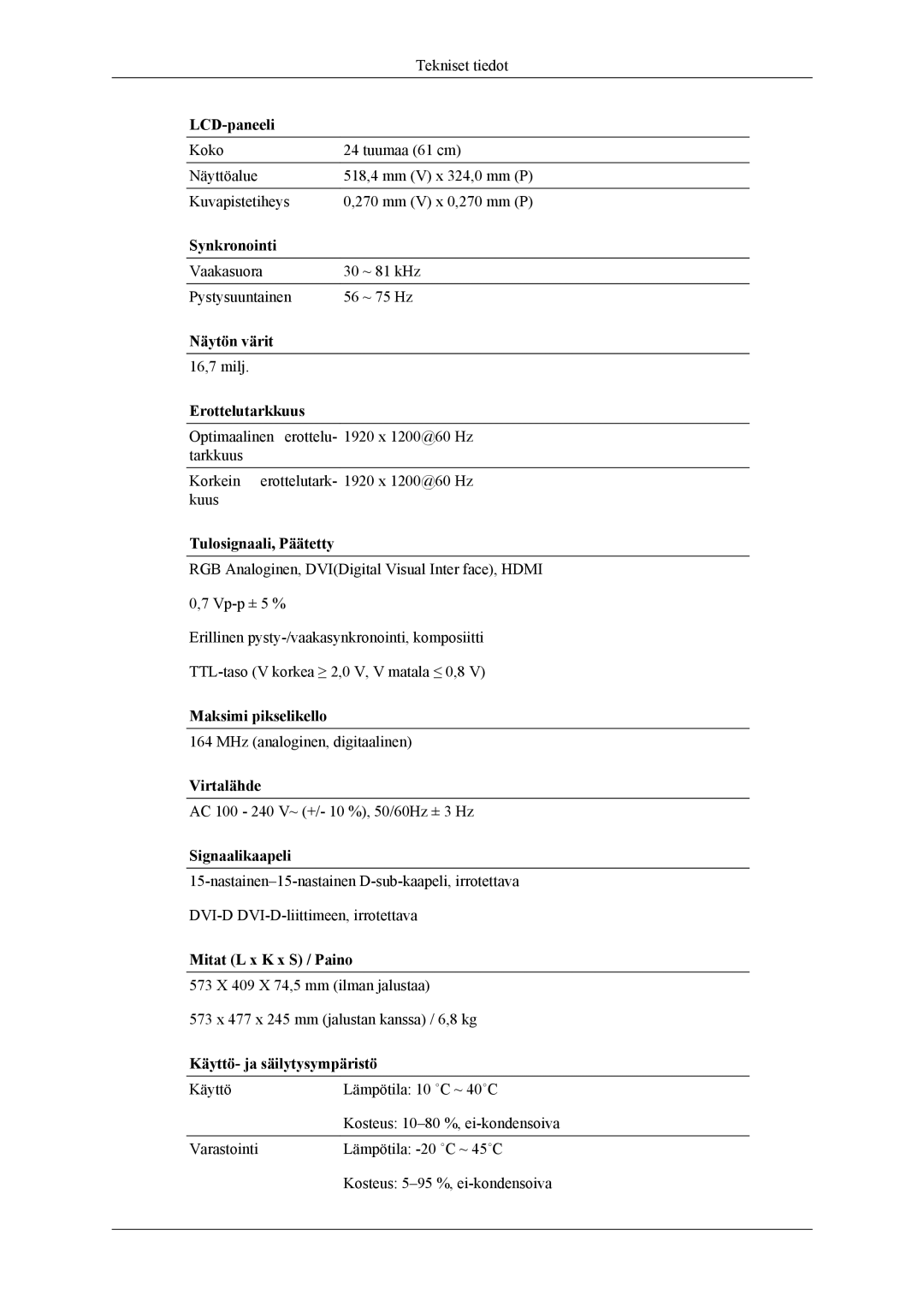 Samsung LS24TWQSUV/EN, LS24TWHSUV/EN, LS26TWQSUV/EN, LS26TWHSUV/EN manual Vaakasuora ~ 81 kHz Pystysuuntainen ~ 75 Hz 