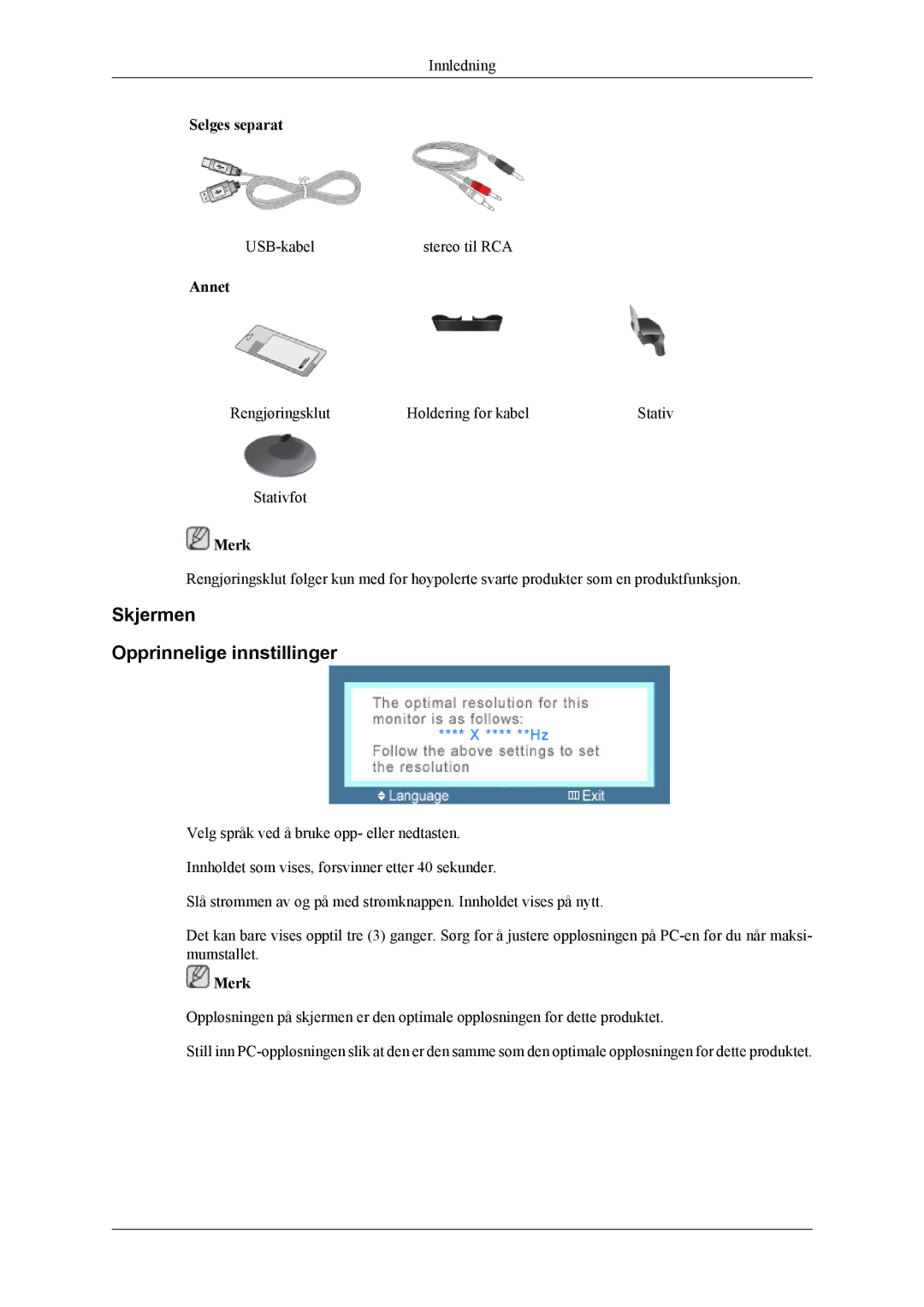 Samsung LS26TWHSUV/EN, LS24TWQSUV/EN, LS24TWHSUV/EN, LS26TWQSUV/EN manual Skjermen Opprinnelige innstillinger, Annet 