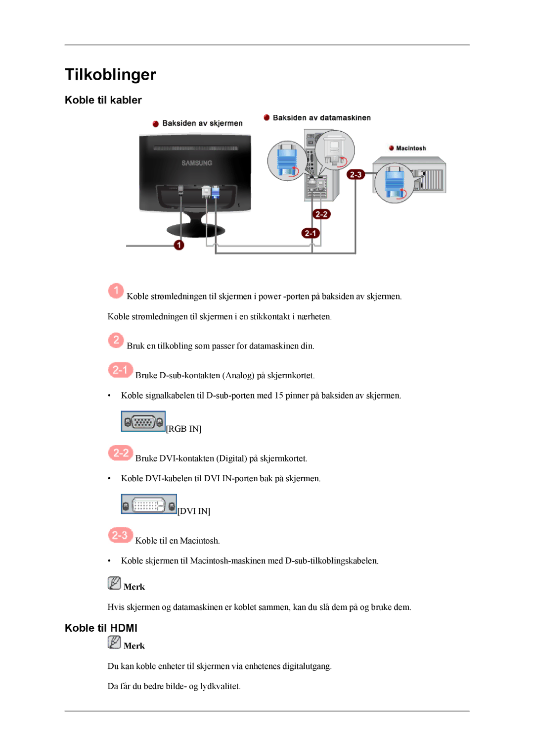 Samsung LS24TWQSUV/EN, LS24TWHSUV/EN, LS26TWQSUV/EN, LS26TWHSUV/EN manual Tilkoblinger, Koble til kabler, Koble til Hdmi 