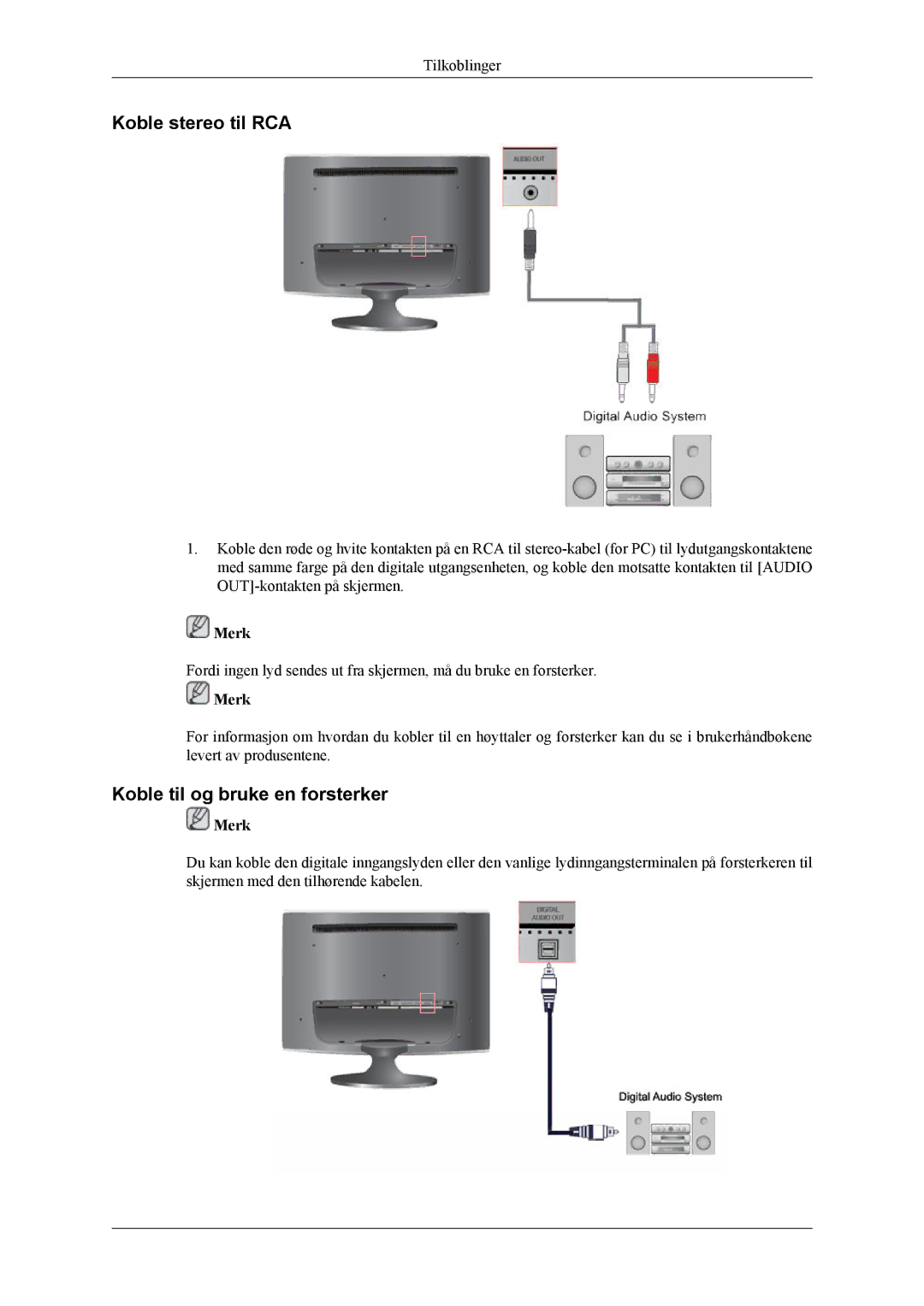 Samsung LS24TWQSUV/EN, LS24TWHSUV/EN, LS26TWQSUV/EN, LS26TWHSUV/EN Koble stereo til RCA, Koble til og bruke en forsterker 