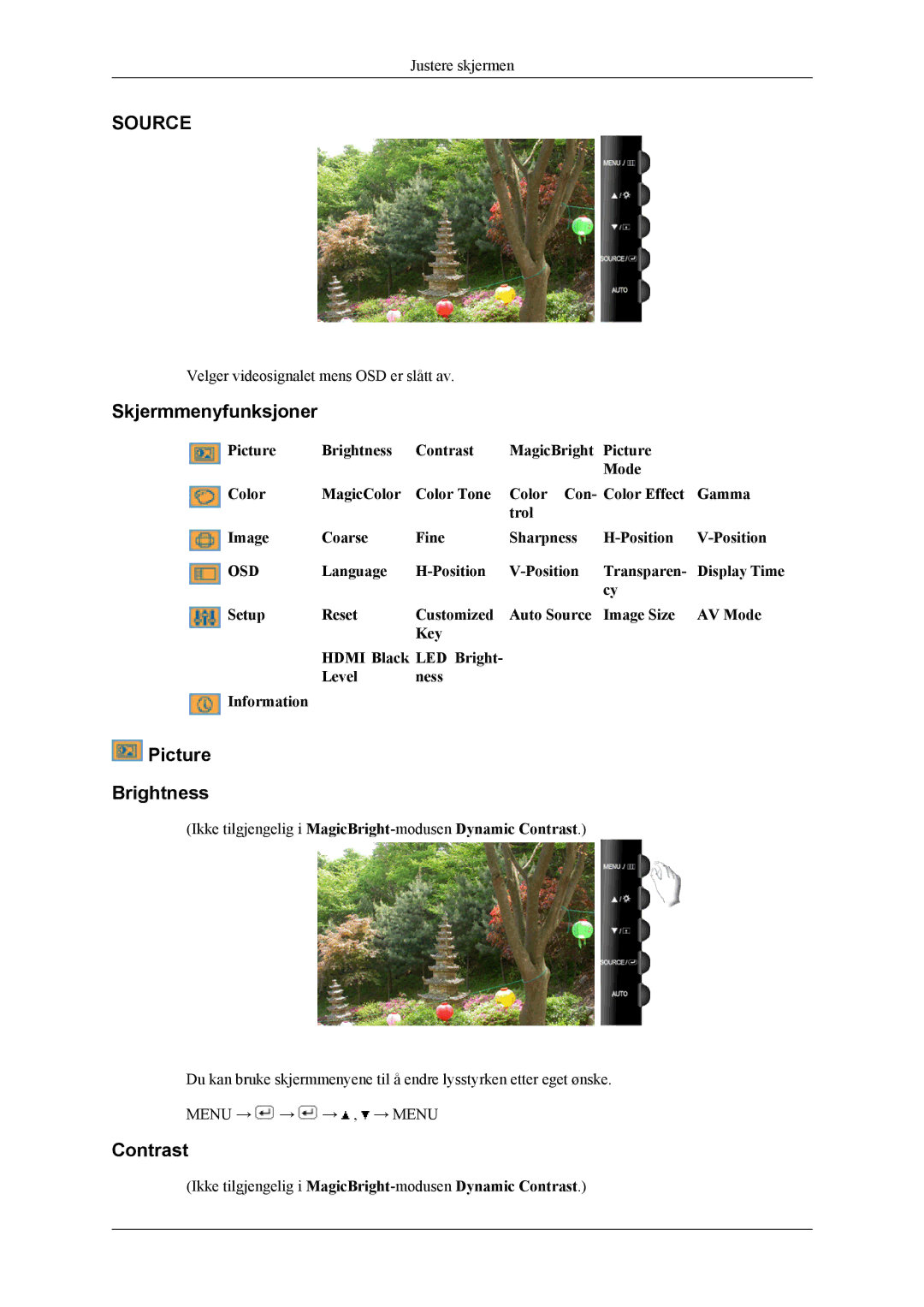 Samsung LS26TWQSUV/EN, LS24TWQSUV/EN, LS24TWHSUV/EN, LS26TWHSUV/EN manual Skjermmenyfunksjoner, Picture Brightness, Contrast 