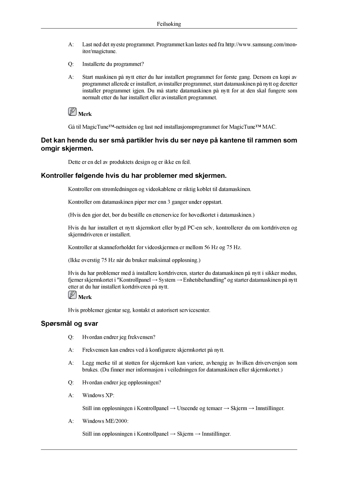 Samsung LS26TWHSUV/EN, LS24TWQSUV/EN manual Kontroller følgende hvis du har problemer med skjermen, Spørsmål og svar 