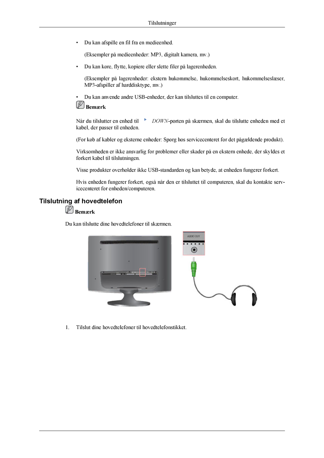 Samsung LS26TWQSUV/EN, LS24TWQSUV/EN, LS24TWHSUV/EN, LS26TWHSUV/EN manual Tilslutning af hovedtelefon 