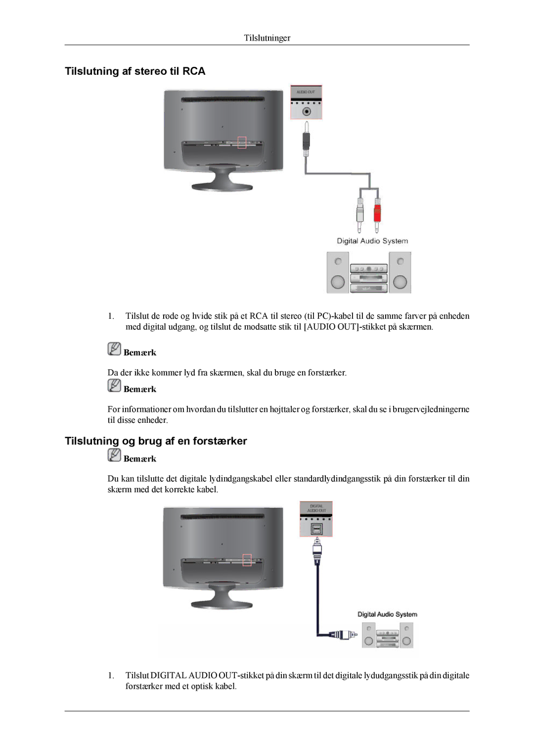 Samsung LS26TWHSUV/EN, LS24TWQSUV/EN, LS24TWHSUV/EN Tilslutning af stereo til RCA, Tilslutning og brug af en forstærker 