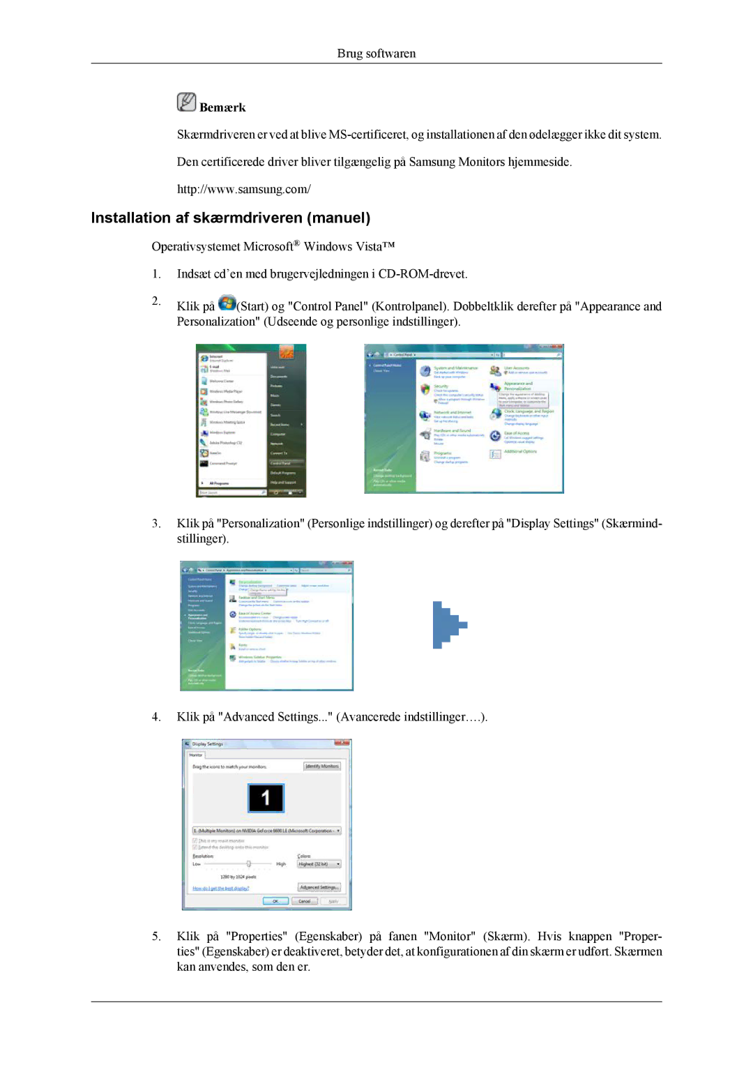 Samsung LS26TWQSUV/EN, LS24TWQSUV/EN, LS24TWHSUV/EN, LS26TWHSUV/EN manual Installation af skærmdriveren manuel 