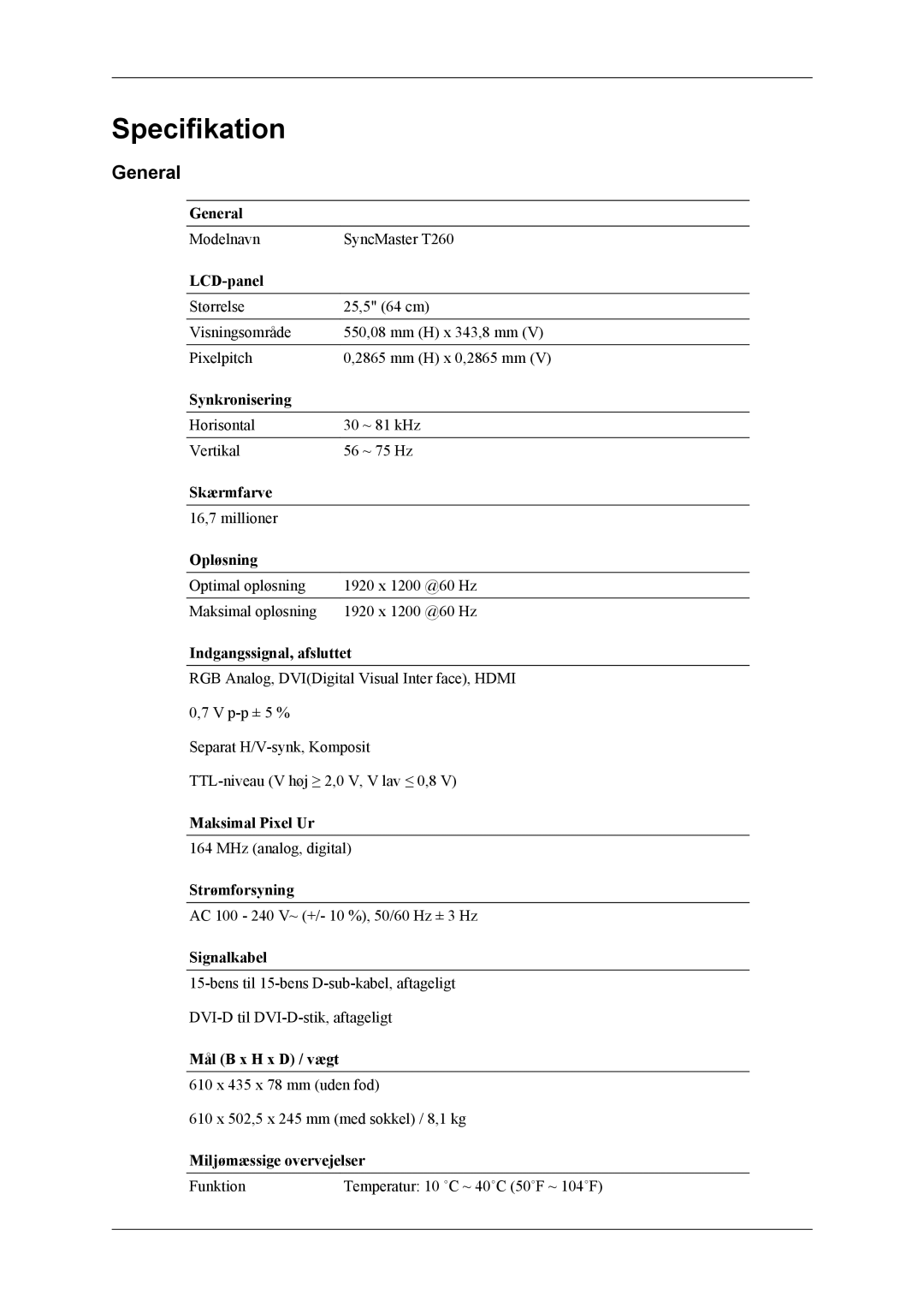 Samsung LS24TWQSUV/EN, LS24TWHSUV/EN, LS26TWQSUV/EN, LS26TWHSUV/EN manual Specifikation, General 