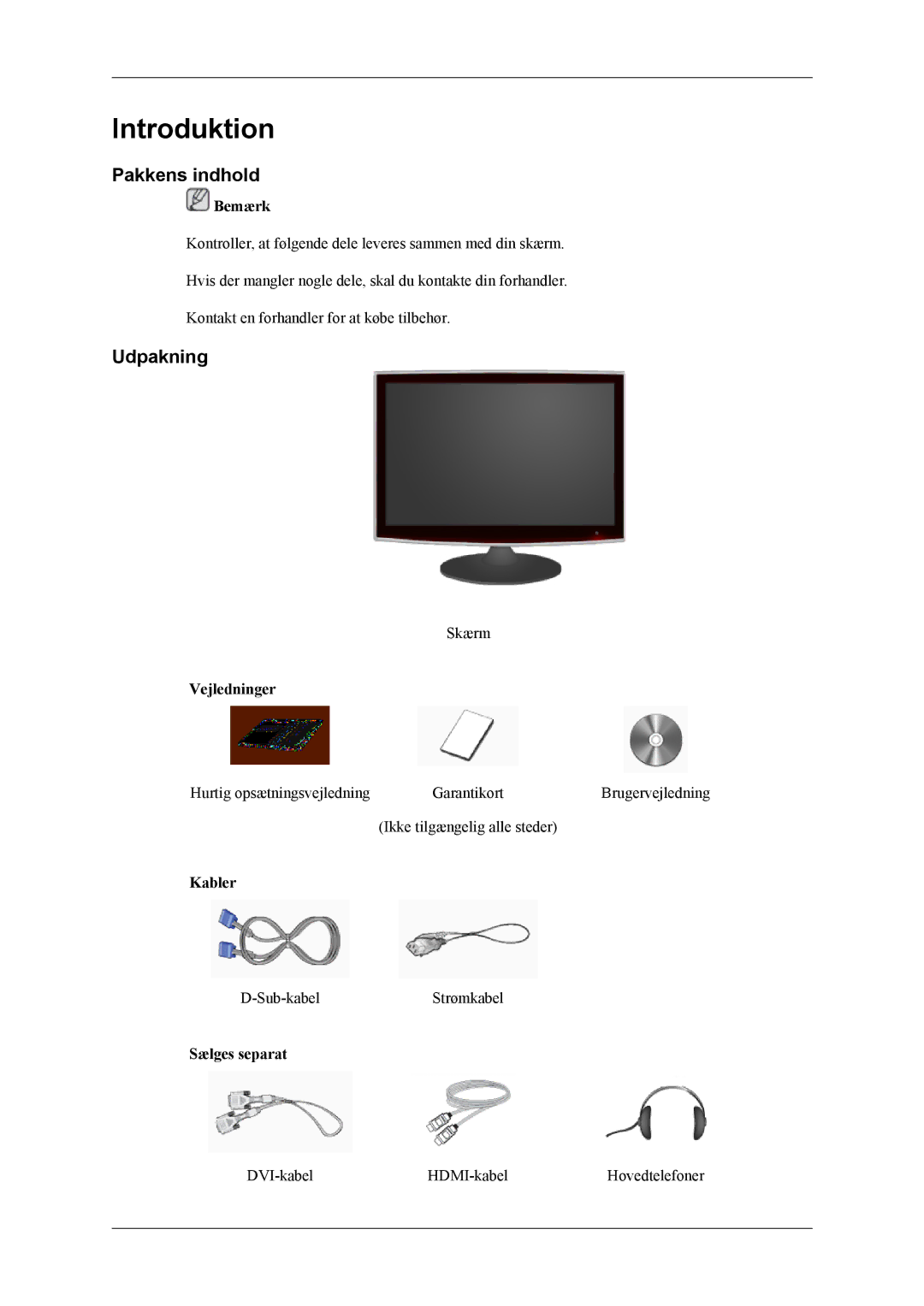 Samsung LS24TWHSUV/EN, LS24TWQSUV/EN, LS26TWQSUV/EN, LS26TWHSUV/EN manual Introduktion, Pakkens indhold, Udpakning 