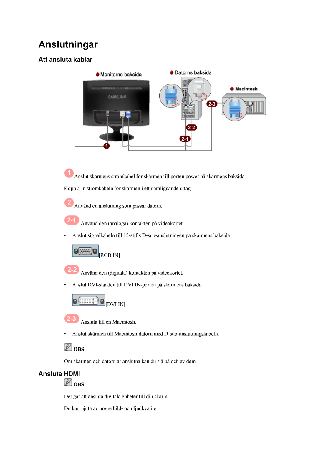 Samsung LS26TWHSUV/EN, LS24TWQSUV/EN, LS24TWHSUV/EN, LS26TWQSUV/EN manual Anslutningar, Att ansluta kablar, Ansluta Hdmi 