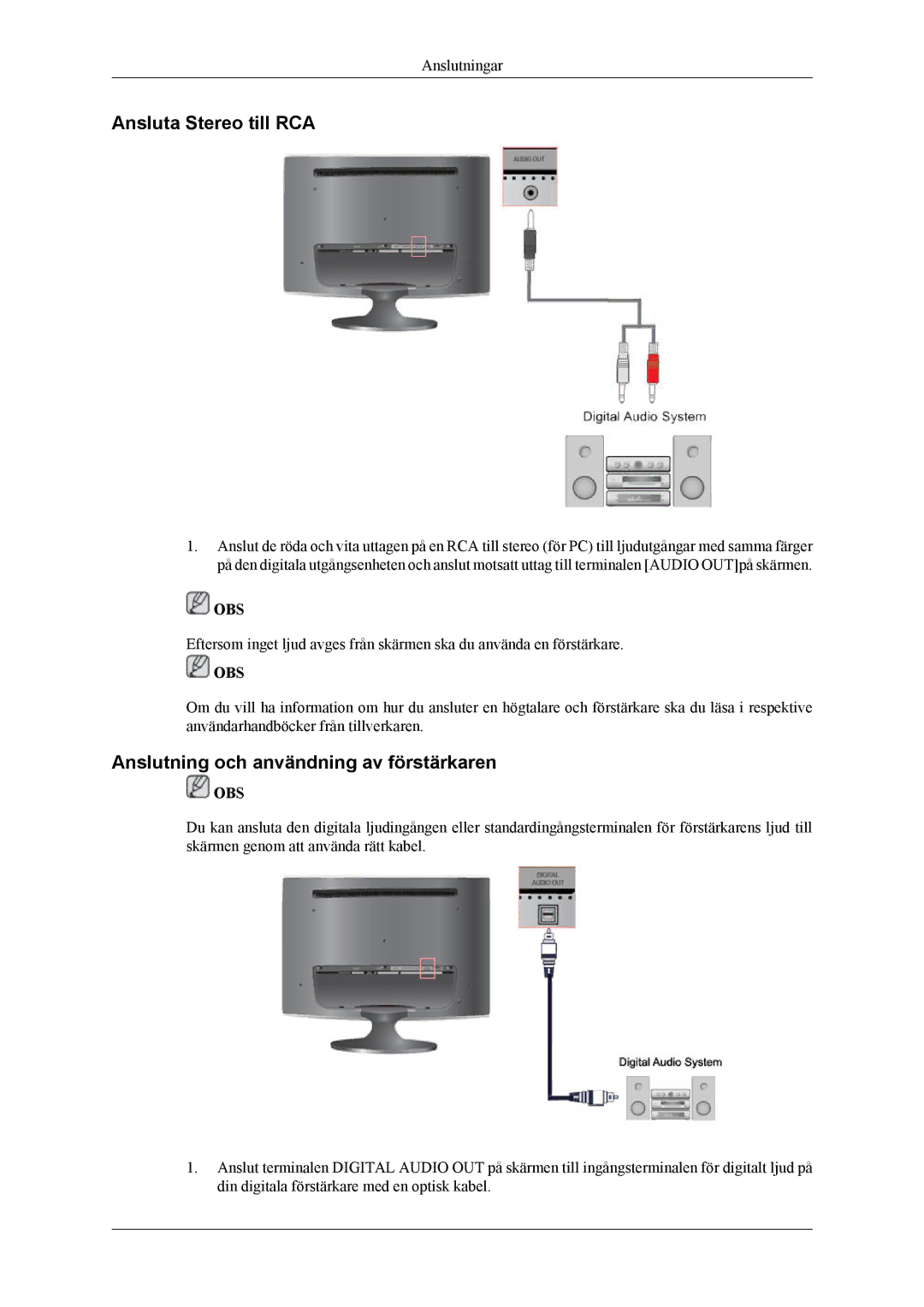 Samsung LS26TWHSUV/EN, LS24TWQSUV/EN, LS24TWHSUV/EN manual Ansluta Stereo till RCA, Anslutning och användning av förstärkaren 