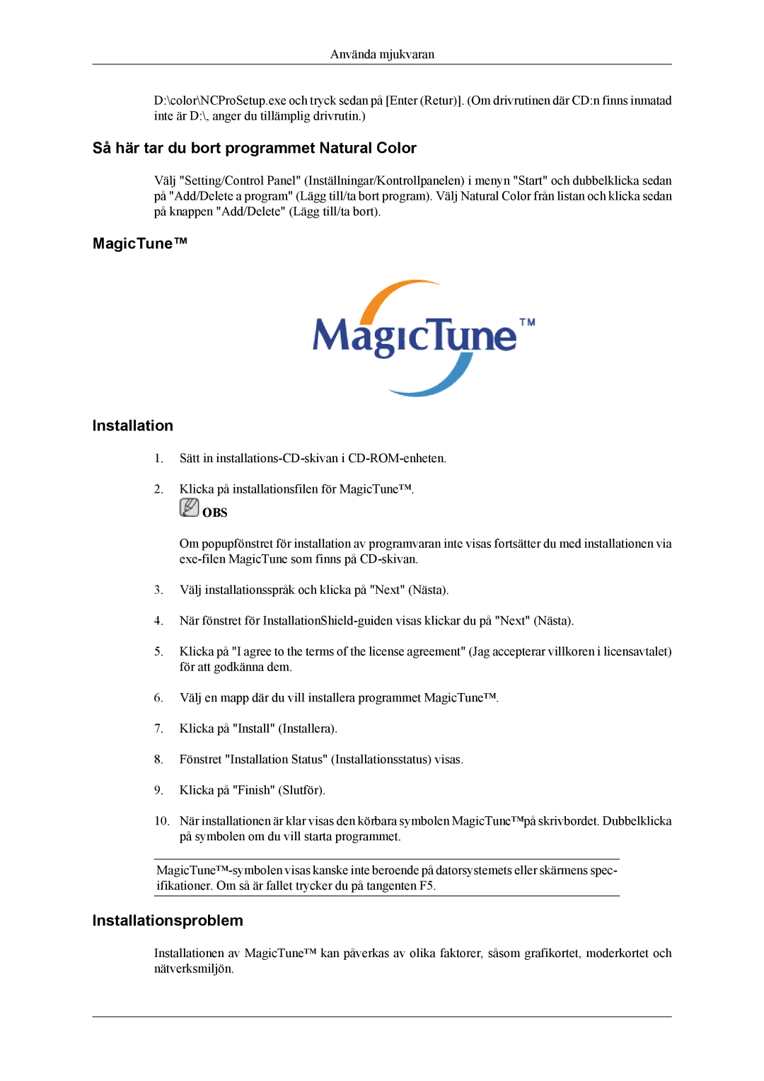 Samsung LS26TWQSUV/EN manual Så här tar du bort programmet Natural Color, MagicTune Installation, Installationsproblem 