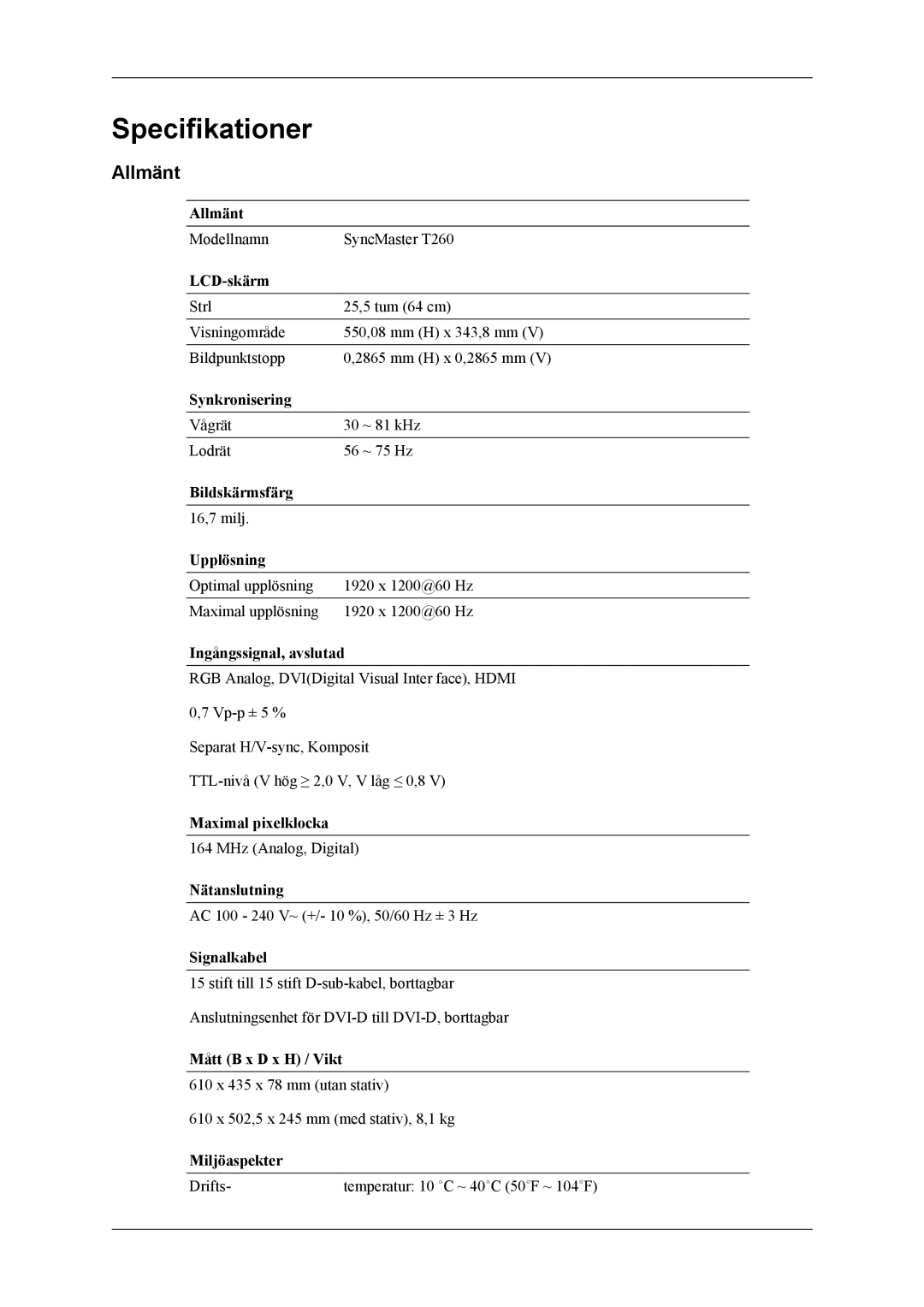 Samsung LS24TWQSUV/EN, LS24TWHSUV/EN, LS26TWQSUV/EN, LS26TWHSUV/EN manual Specifikationer, Allmänt 