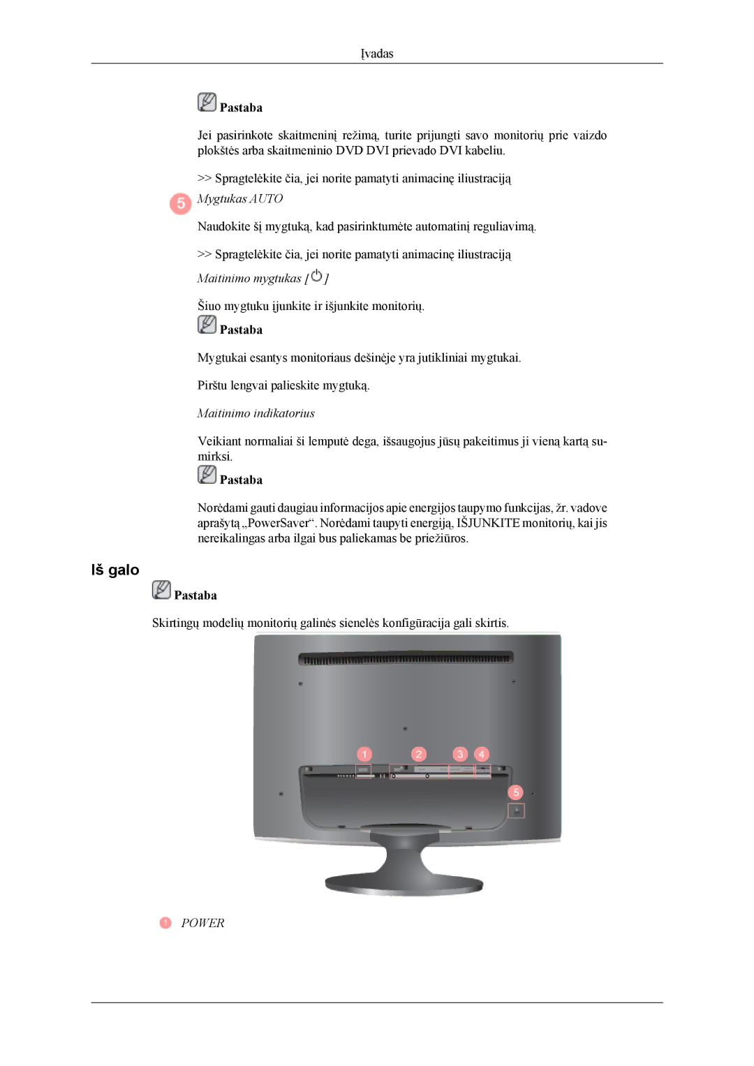 Samsung LS24TWQSUV/EN, LS24TWHSUV/EN, LS26TWQSUV/EN, LS26TWHSUV/EN manual Iš galo, Mygtukas Auto 