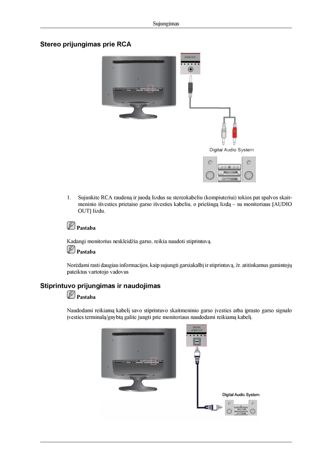 Samsung LS26TWHSUV/EN, LS24TWQSUV/EN, LS24TWHSUV/EN manual Stereo prijungimas prie RCA, Stiprintuvo prijungimas ir naudojimas 