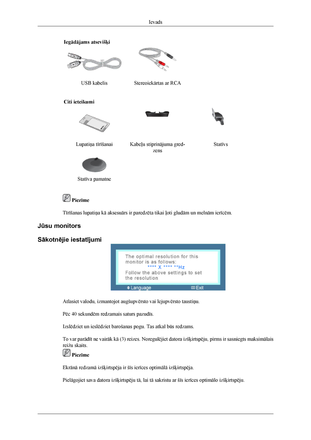 Samsung LS26TWHSUV/EN, LS24TWQSUV/EN, LS24TWHSUV/EN, LS26TWQSUV/EN manual Jūsu monitors Sākotnējie iestatījumi, Citi ieteikumi 