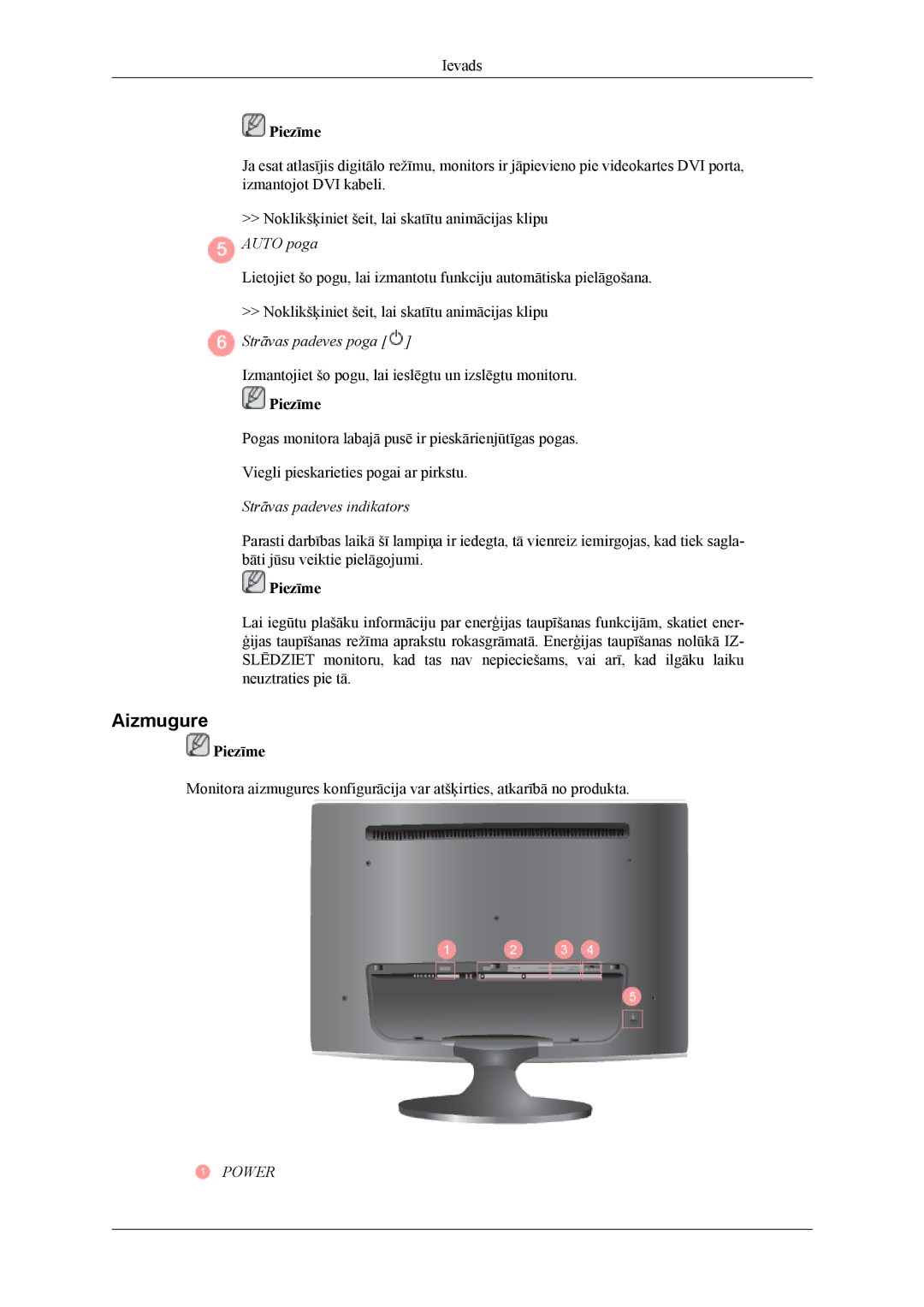 Samsung LS24TWHSUV/EN, LS24TWQSUV/EN, LS26TWQSUV/EN, LS26TWHSUV/EN manual Aizmugure, Strāvas padeves indikators 