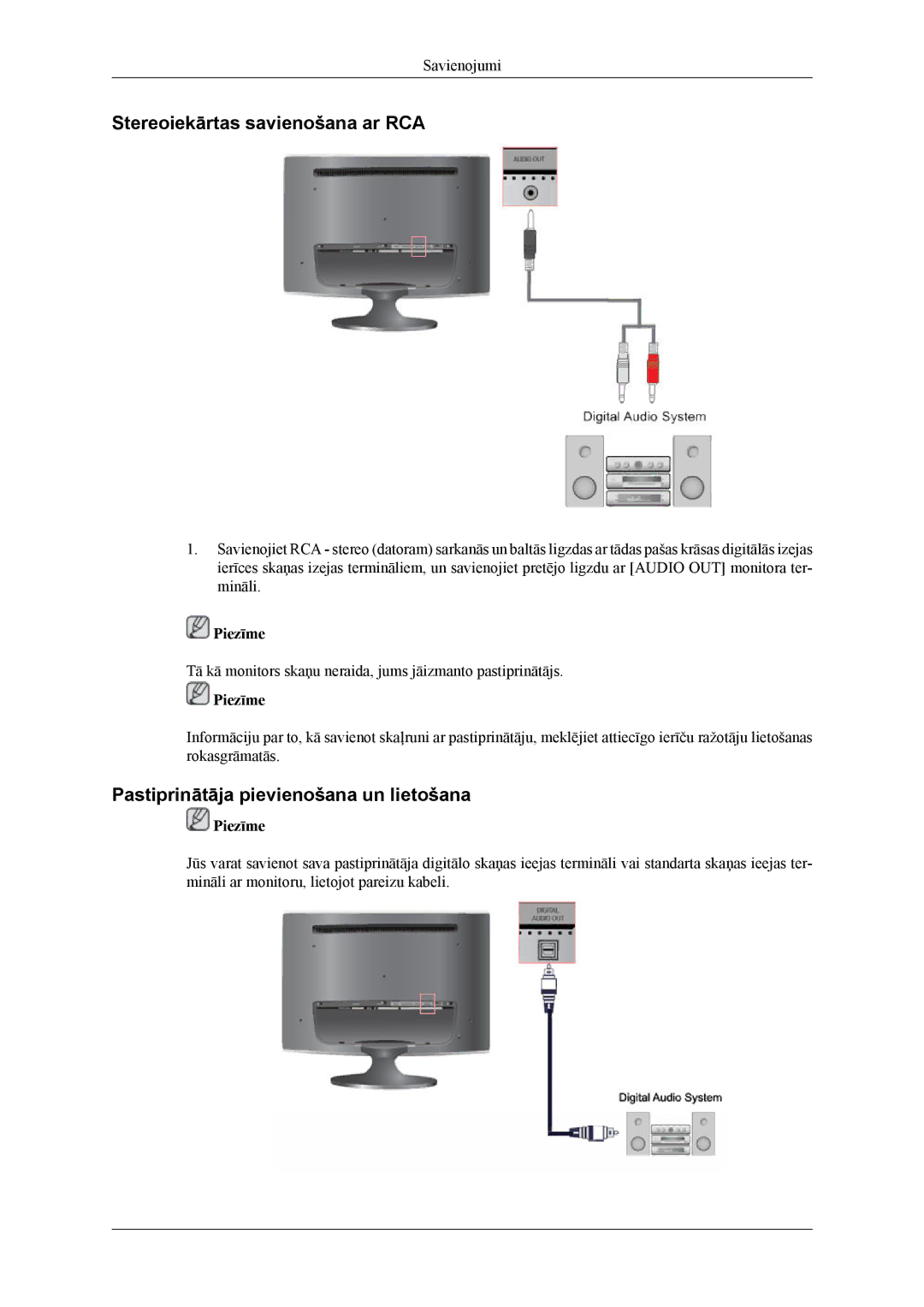 Samsung LS24TWQSUV/EN, LS24TWHSUV/EN manual Stereoiekārtas savienošana ar RCA, Pastiprinātāja pievienošana un lietošana 