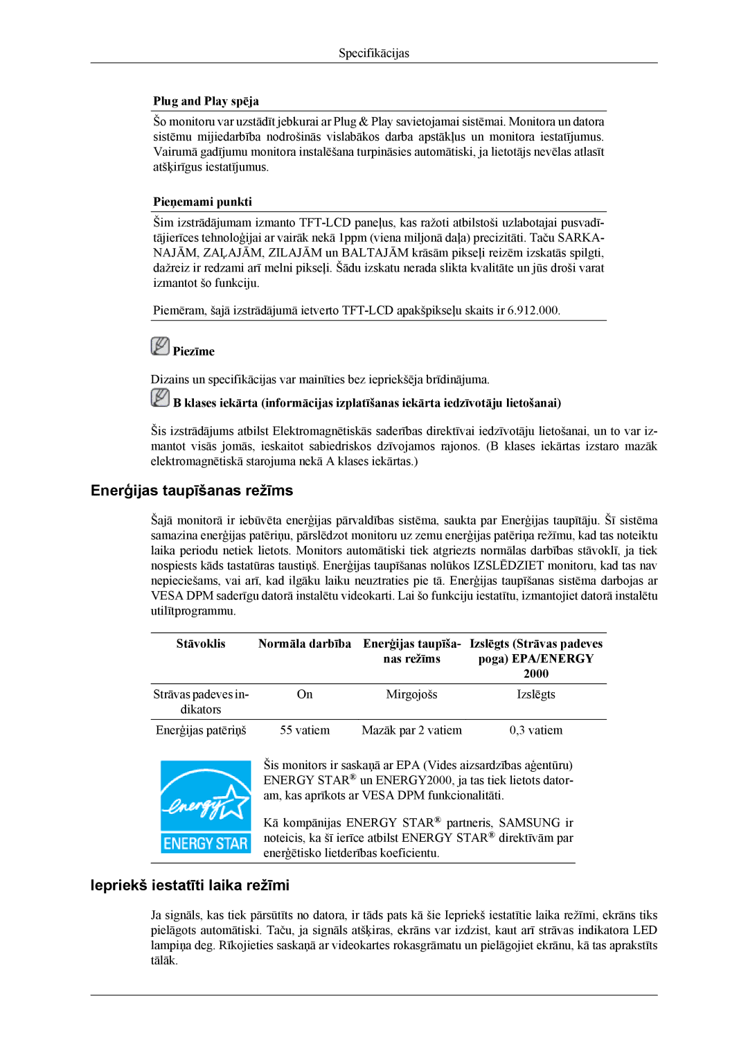 Samsung LS24TWHSUV/EN, LS24TWQSUV/EN, LS26TWQSUV/EN, LS26TWHSUV/EN manual Enerģijas taupīšanas režīms 