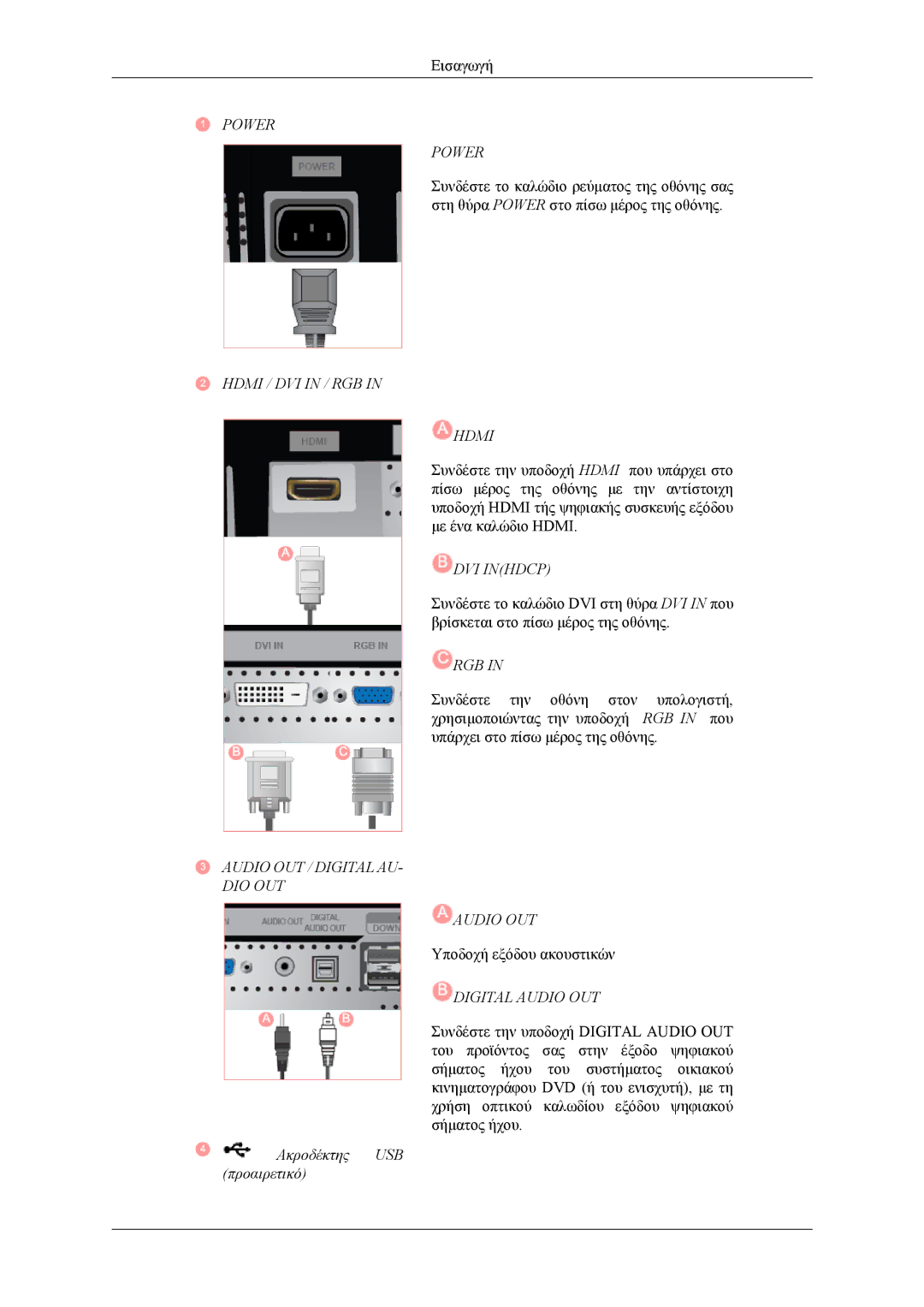 Samsung LS26TWQSUV/EN, LS24TWQSUV/EN, LS24TWHSUV/EN, LS26TWHSUV/EN Power Hdmi / DVI in / RGB Audio OUT / Digital AU- DIO OUT 