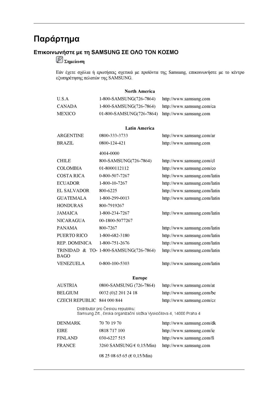 Samsung LS24TWHSUV/EN manual Παράρτημα, Επικοινωνήστε με τη Samsung ΣΕ ΟΛΟ ΤΟΝ Κοσμο, North America, Latin America, Europe 