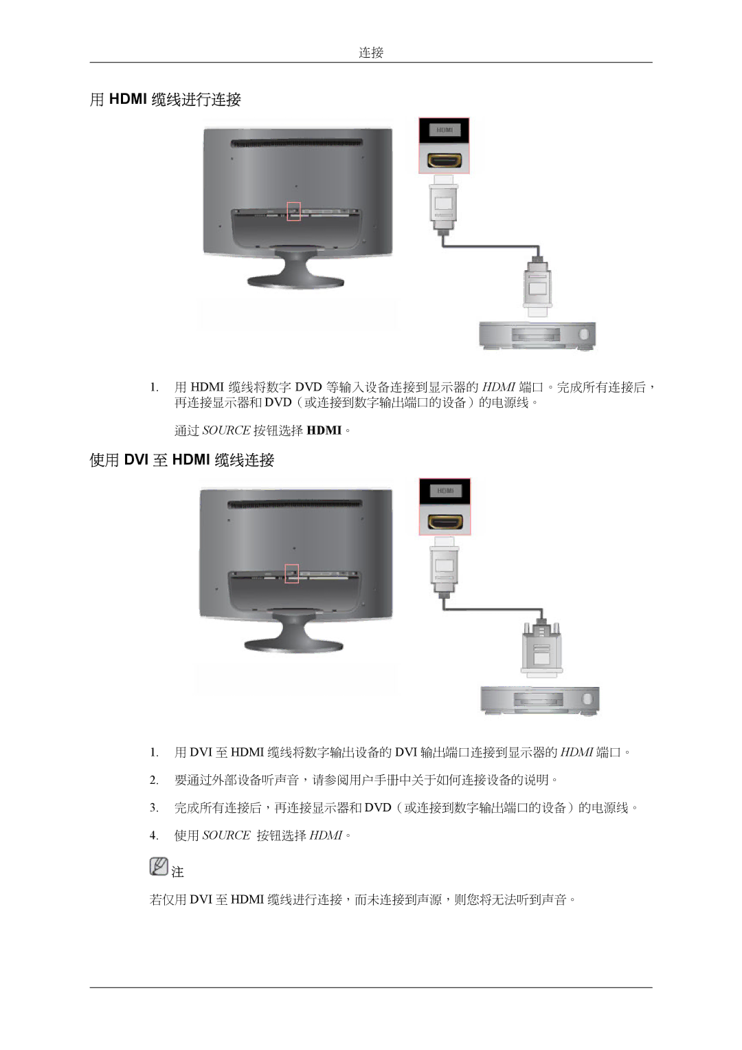 Samsung LS24TWHSUV/EN, LS24TWQSUV/EN, LS26TWQSUV/EN, LS26TWHSUV/EN manual Hdmi 缆线进行连接, 使用 DVI 至 Hdmi 缆线连接 