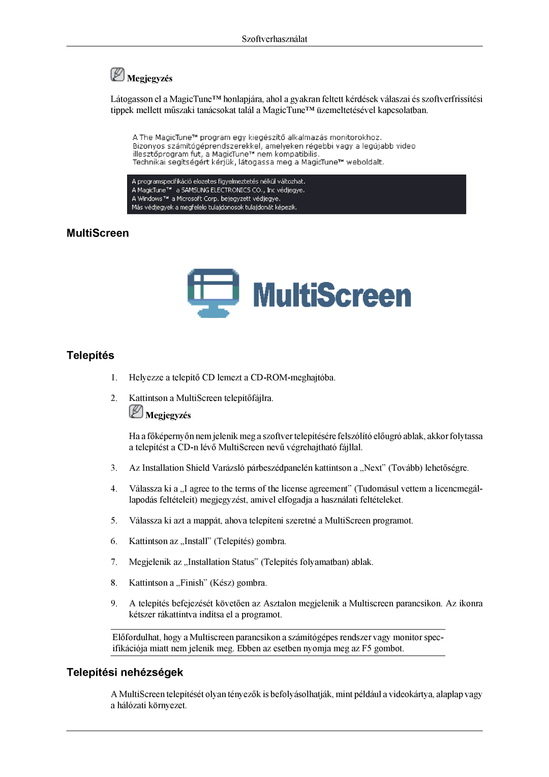 Samsung LS24TWHSUV/EN, LS24TWQSUV/EN, LS26TWQSUV/EN, LS26TWHSUV/EN manual MultiScreen Telepítés 