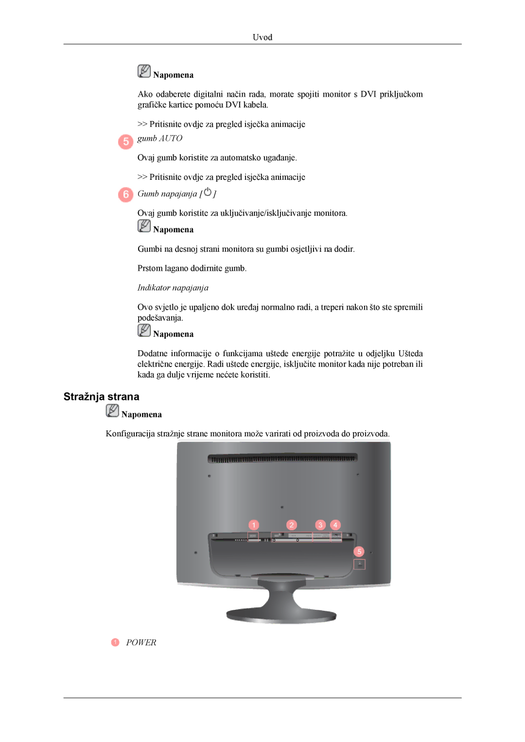 Samsung LS24TWQSUV/EN, LS24TWHSUV/EN, LS26TWQSUV/EN, LS26TWHSUV/EN manual Stražnja strana, Indikator napajanja 