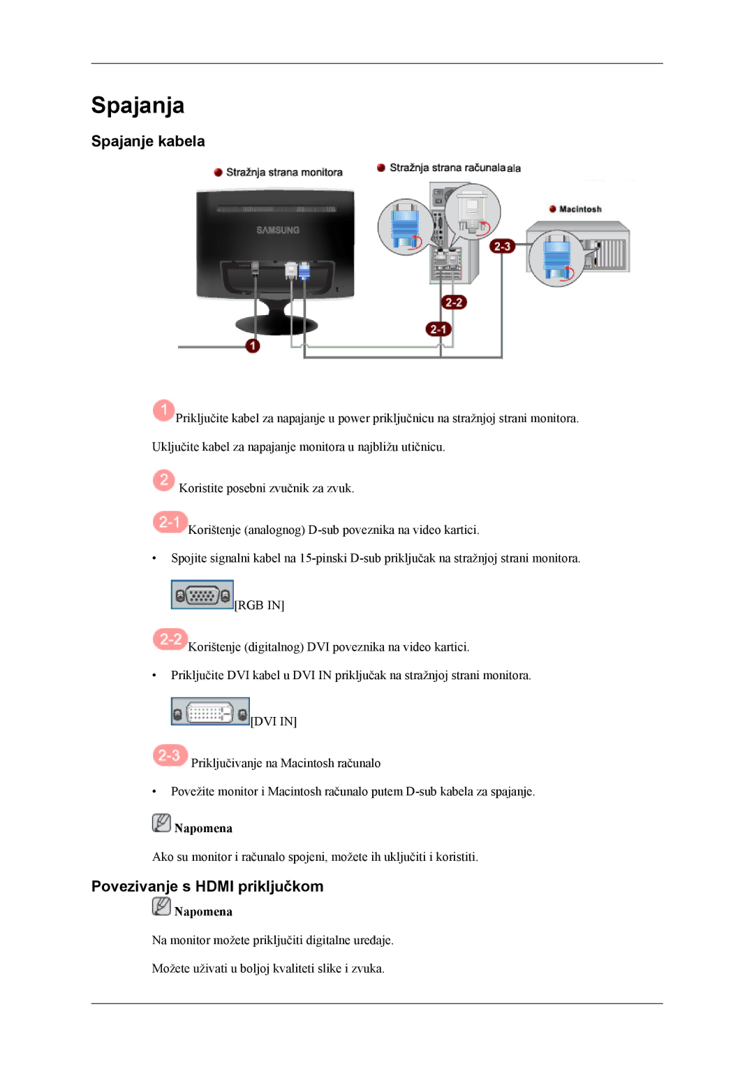 Samsung LS26TWHSUV/EN, LS24TWQSUV/EN, LS24TWHSUV/EN, LS26TWQSUV/EN Spajanja, Spajanje kabela, Povezivanje s Hdmi priključkom 