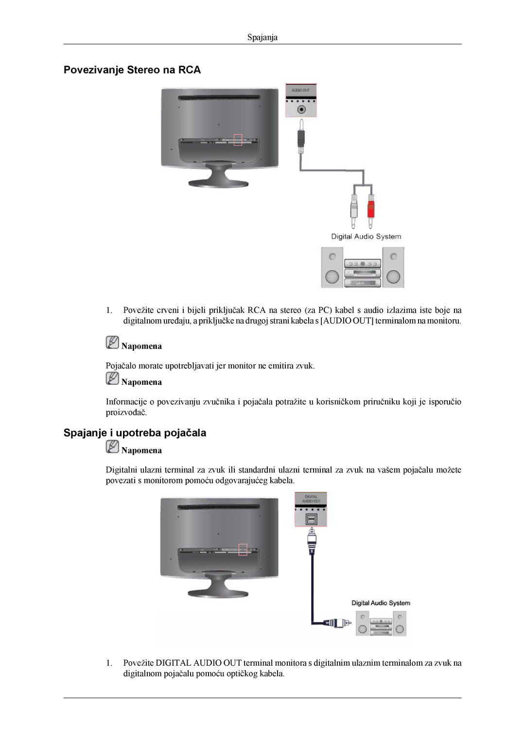 Samsung LS26TWHSUV/EN, LS24TWQSUV/EN, LS24TWHSUV/EN, LS26TWQSUV/EN Povezivanje Stereo na RCA, Spajanje i upotreba pojačala 