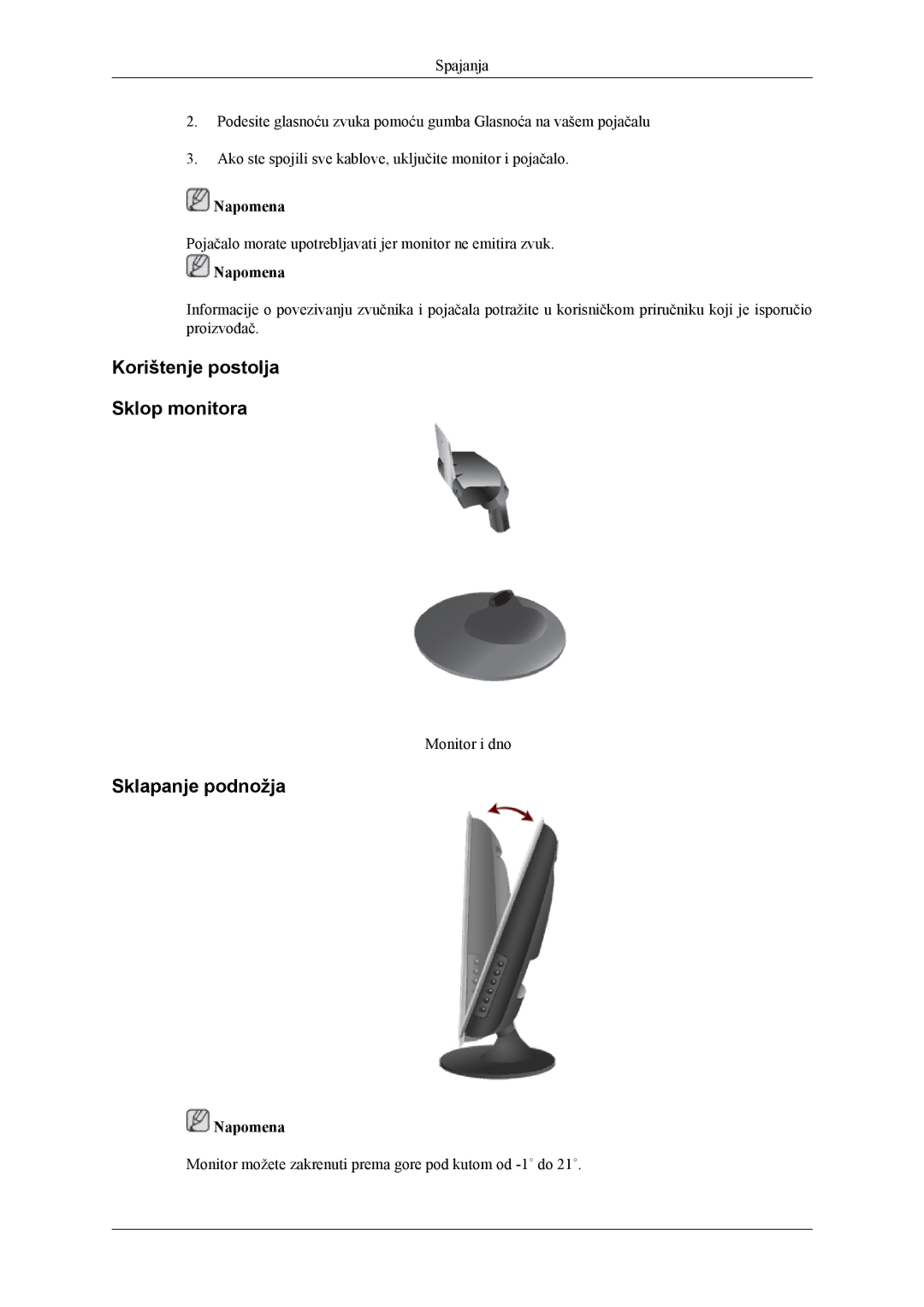 Samsung LS24TWQSUV/EN, LS24TWHSUV/EN, LS26TWQSUV/EN, LS26TWHSUV/EN Korištenje postolja Sklop monitora, Sklapanje podnožja 