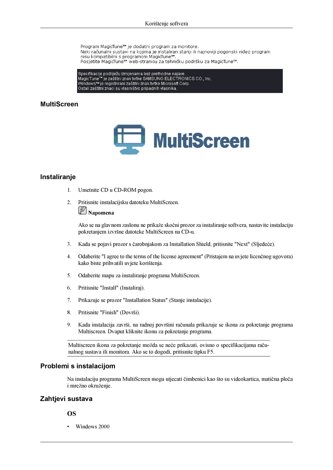 Samsung LS24TWQSUV/EN, LS24TWHSUV/EN, LS26TWQSUV/EN, LS26TWHSUV/EN manual MultiScreen Instaliranje 