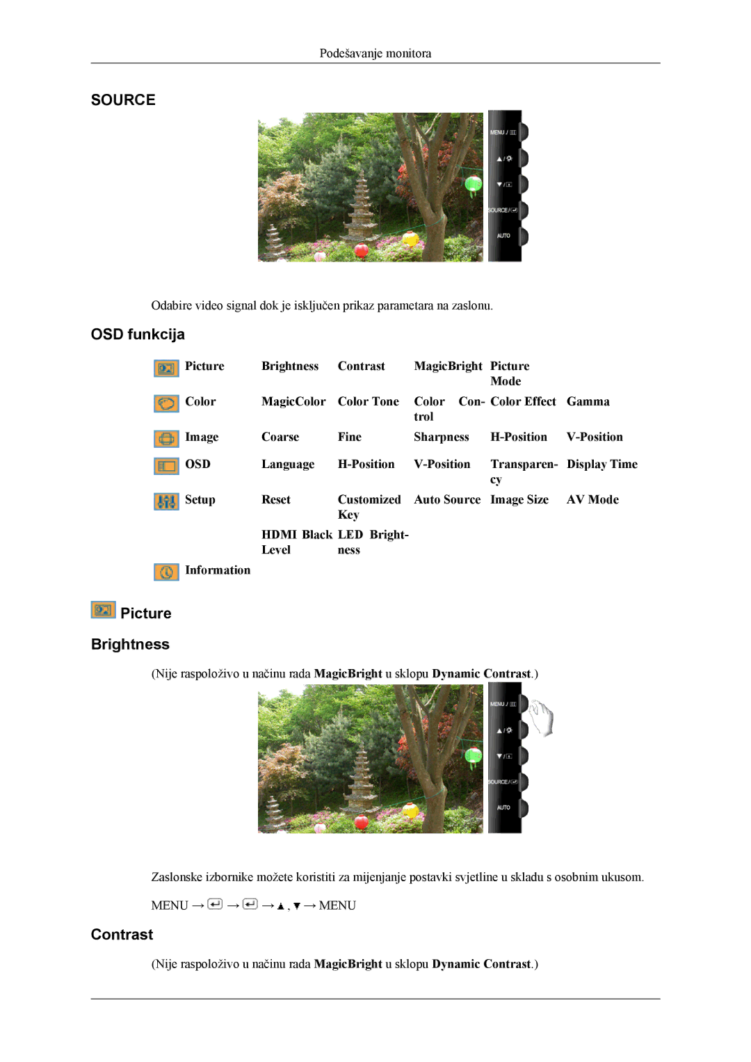 Samsung LS24TWHSUV/EN, LS24TWQSUV/EN, LS26TWQSUV/EN, LS26TWHSUV/EN manual OSD funkcija, Picture Brightness, Contrast 