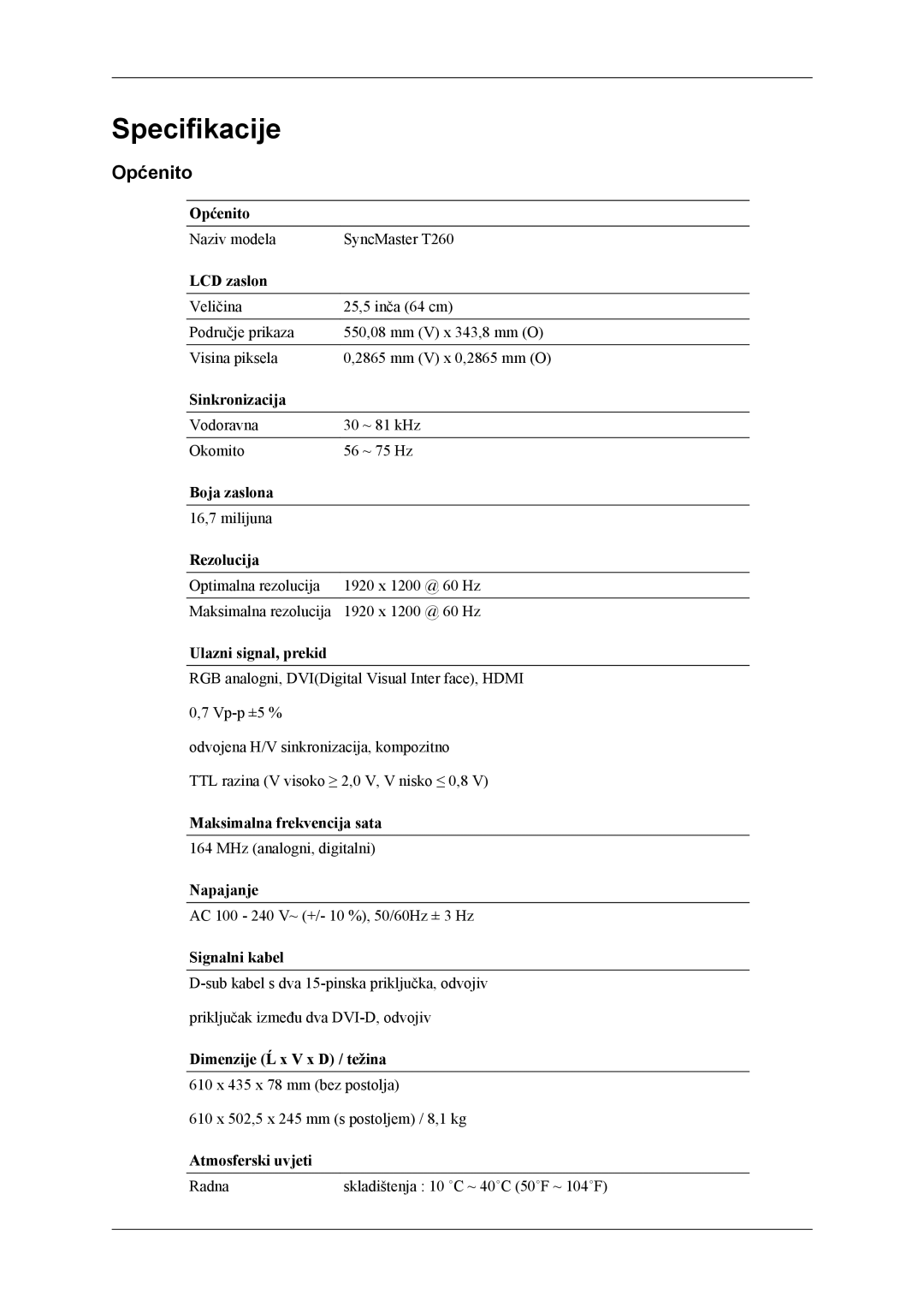 Samsung LS24TWQSUV/EN, LS24TWHSUV/EN, LS26TWQSUV/EN, LS26TWHSUV/EN manual Specifikacije, Općenito 