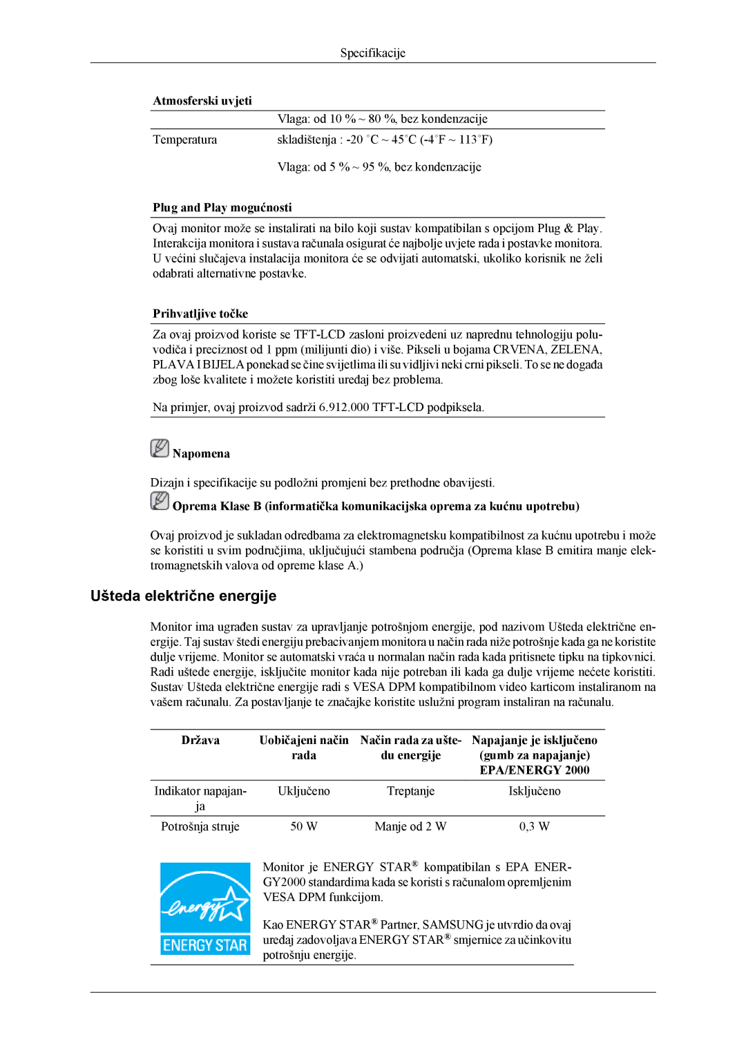 Samsung LS24TWHSUV/EN manual Ušteda električne energije, Plug and Play mogućnosti, Prihvatljive točke, W Manje od 2 W 