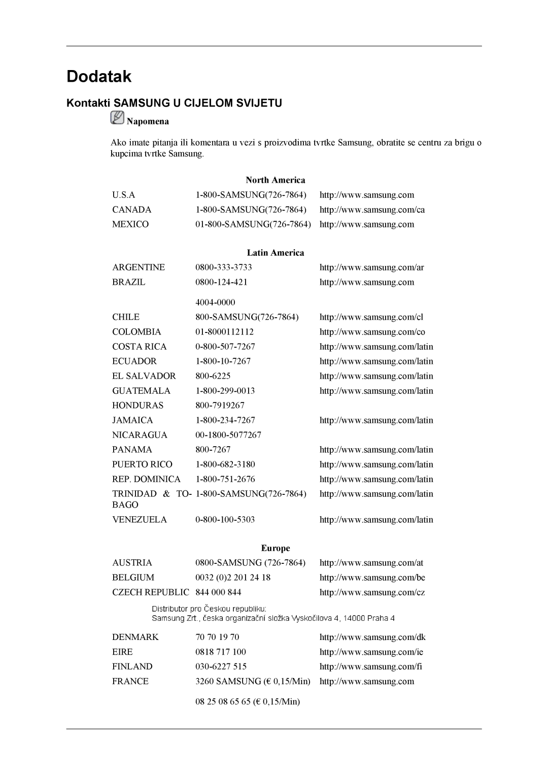 Samsung LS26TWQSUV/EN, LS24TWQSUV/EN Dodatak, Kontakti Samsung U Cijelom Svijetu, North America, Latin America, Europe 